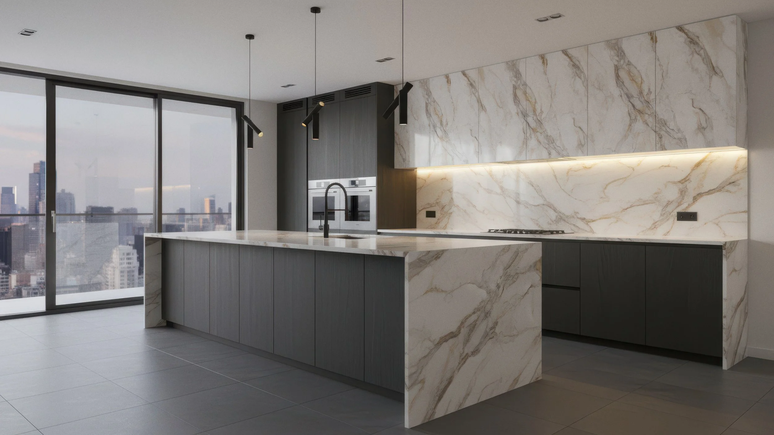 Modern Minimalist Kitchen with porcelain slab countertop, backsplash island white white calcatta and gold tones with polished finish - made with CIERO's Arden Gold