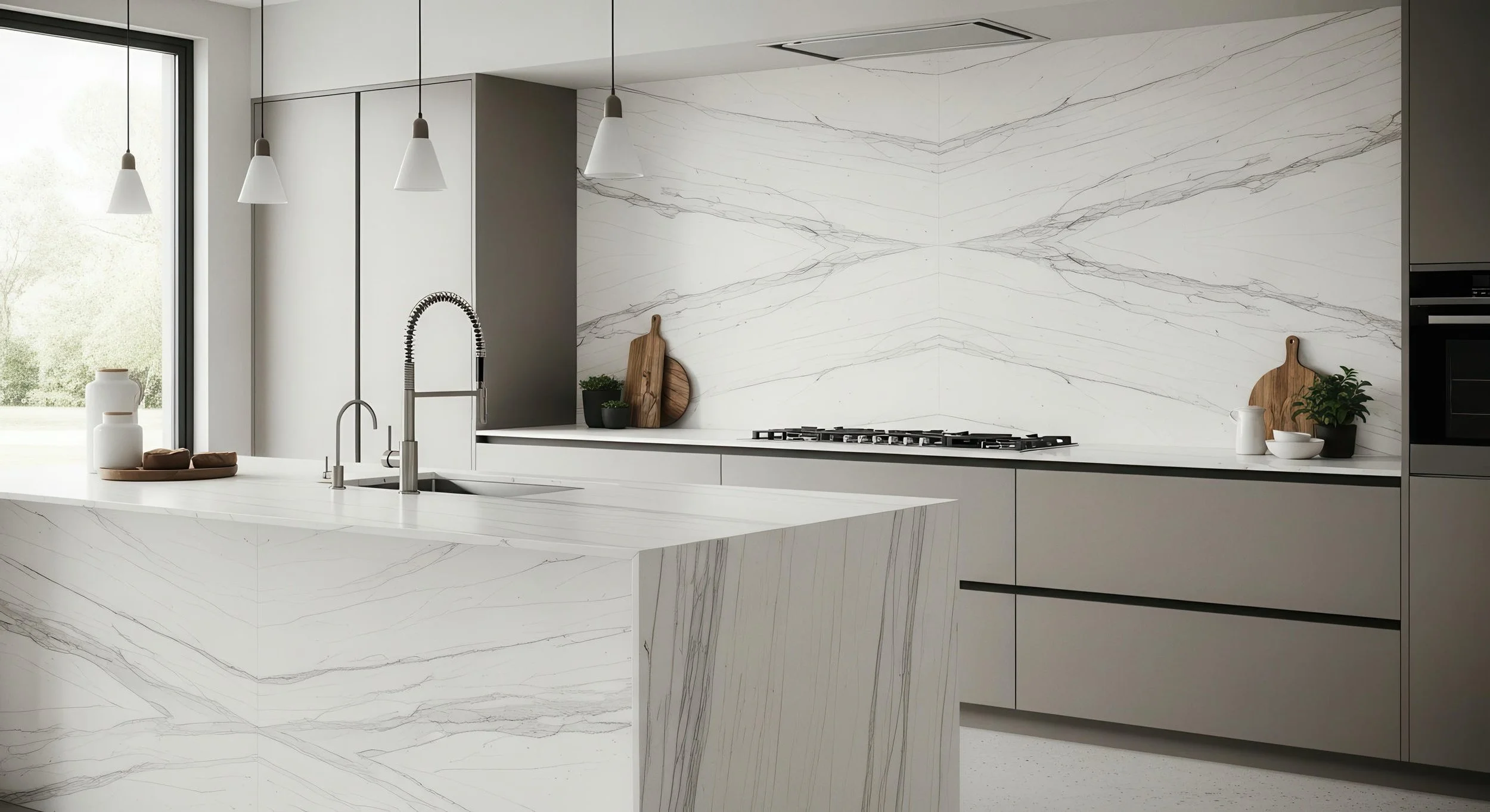 Modern Kitchen With Porcelain Slab Countertop & island and Bookmatch Porcelain slab Back Splash