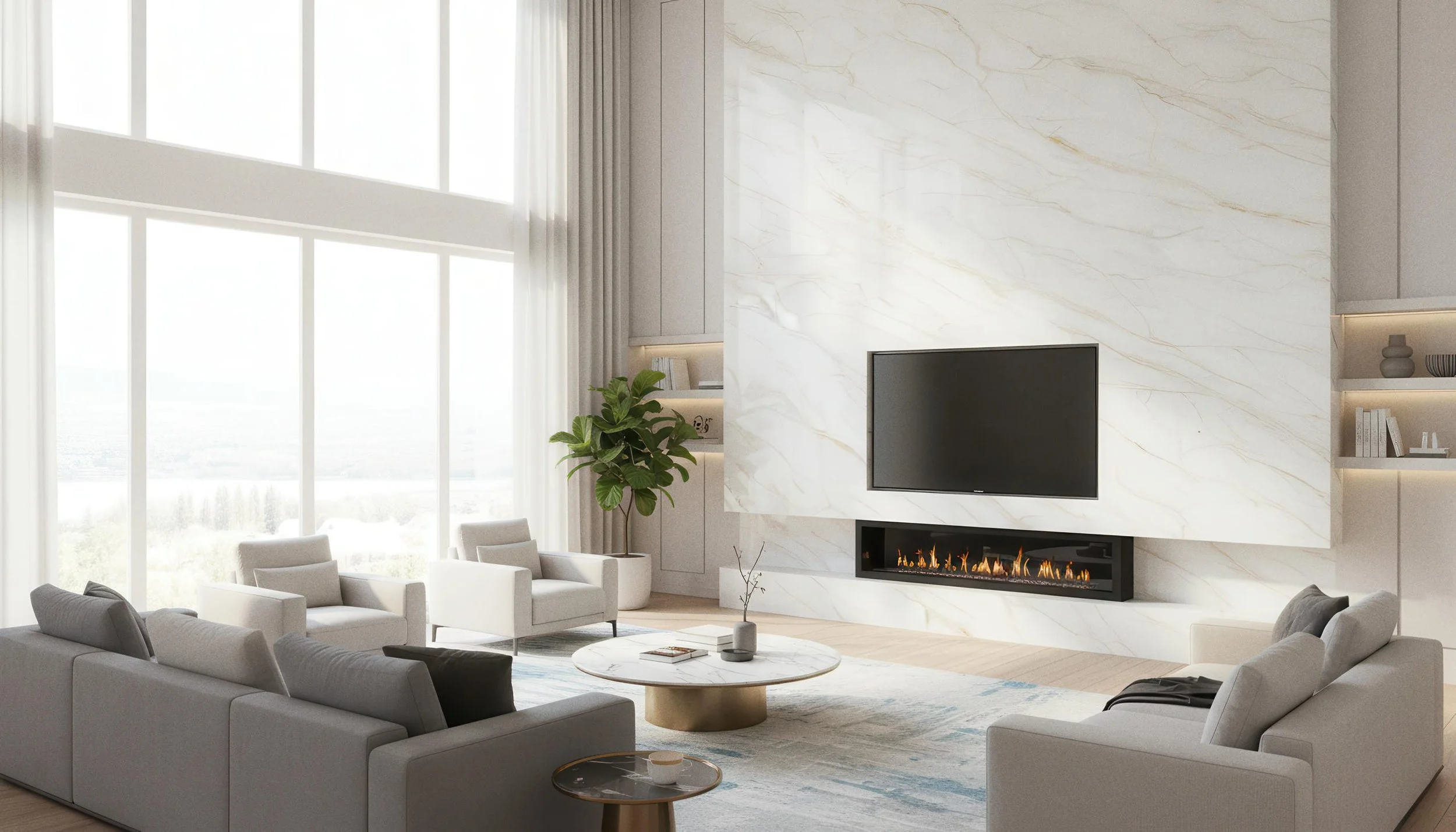 Modern Livingroom With Prestige 4x10 Porcelain Slab Fireplace Feature Wall | CIERO