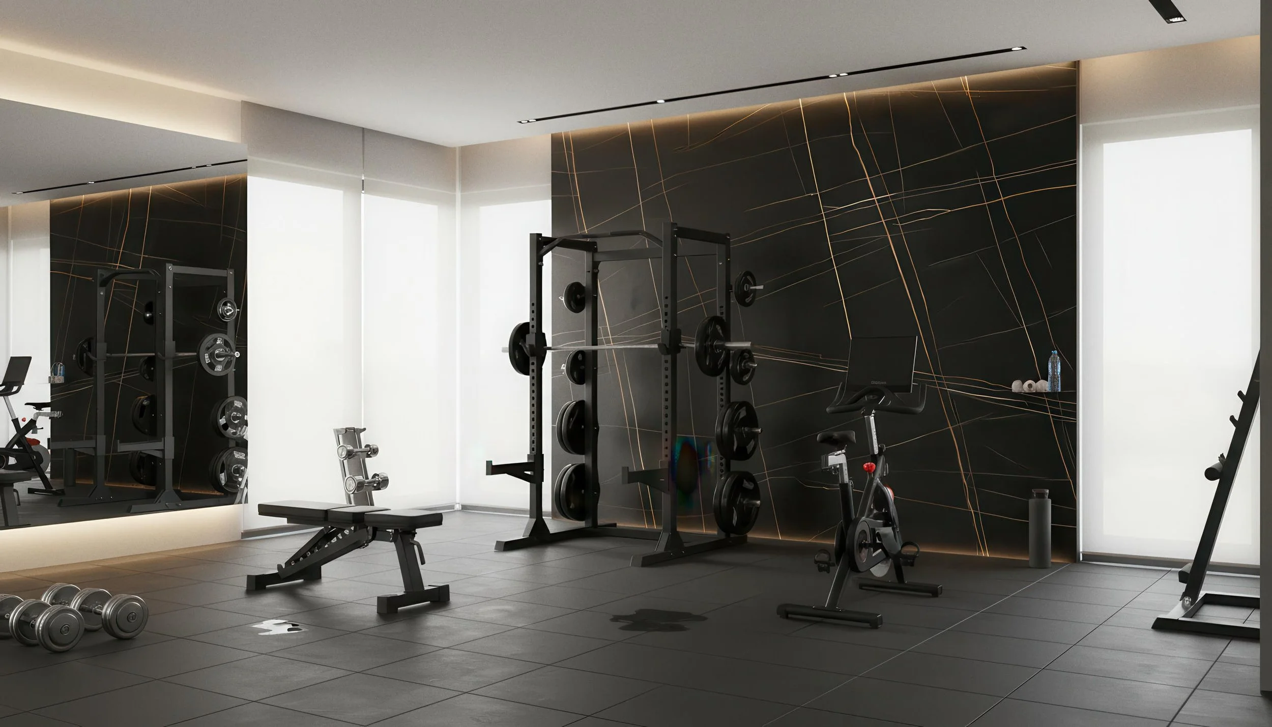Modern Home Gym Setup With Laurent Gilded Black 5x10 Porcelain Slab Featurewall | CIERO INC