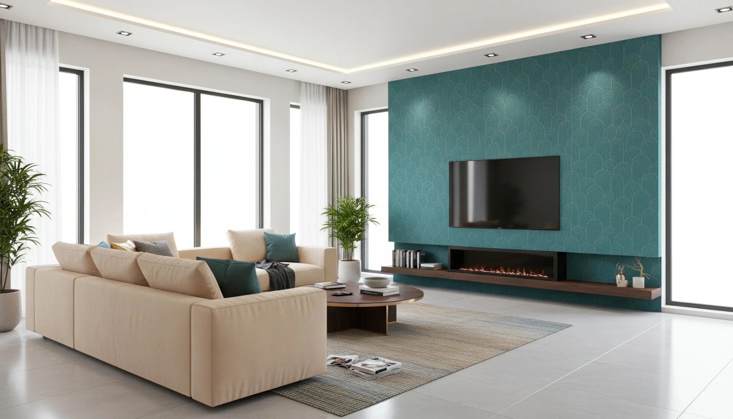 Modern Livingroom With Zen Crest Teal 80cm x 260cm Fireplace Accent Wall | CIERO