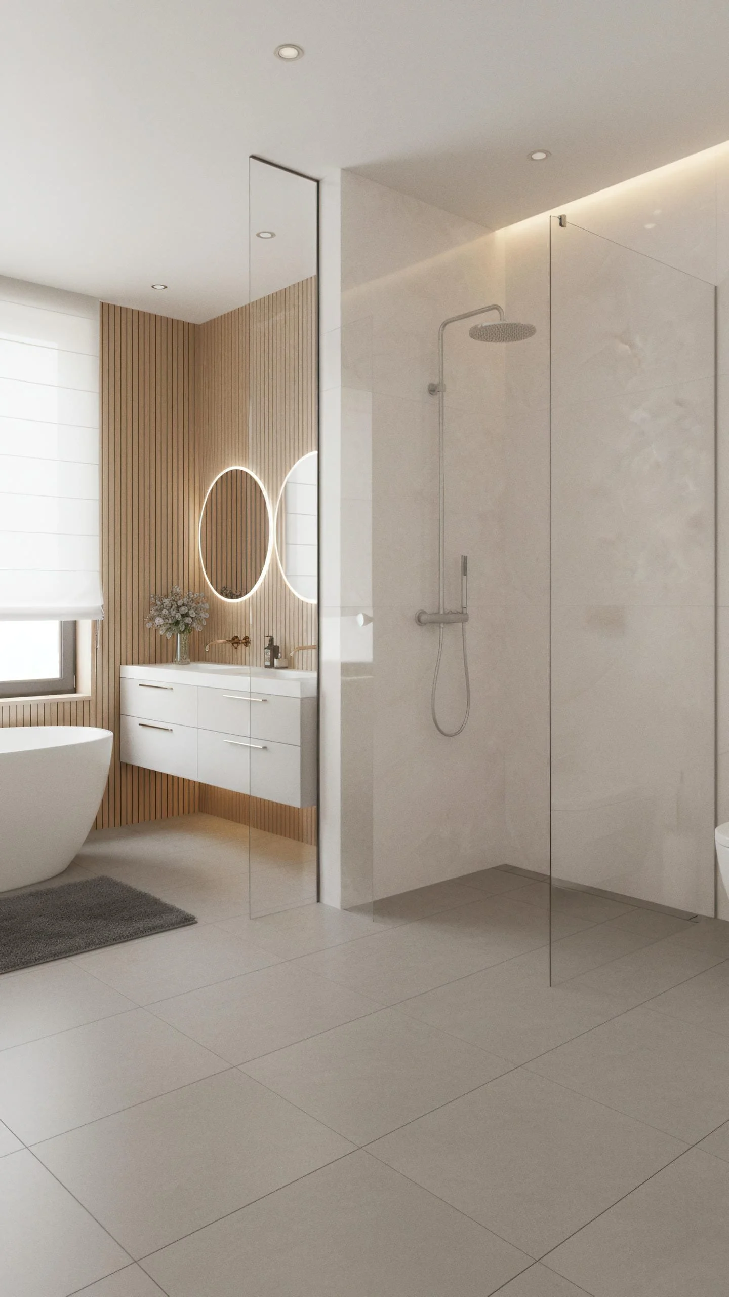 Modern Bathroom Shower Wall With Glacier Porcelain Slab 5x10 | CIERO INC