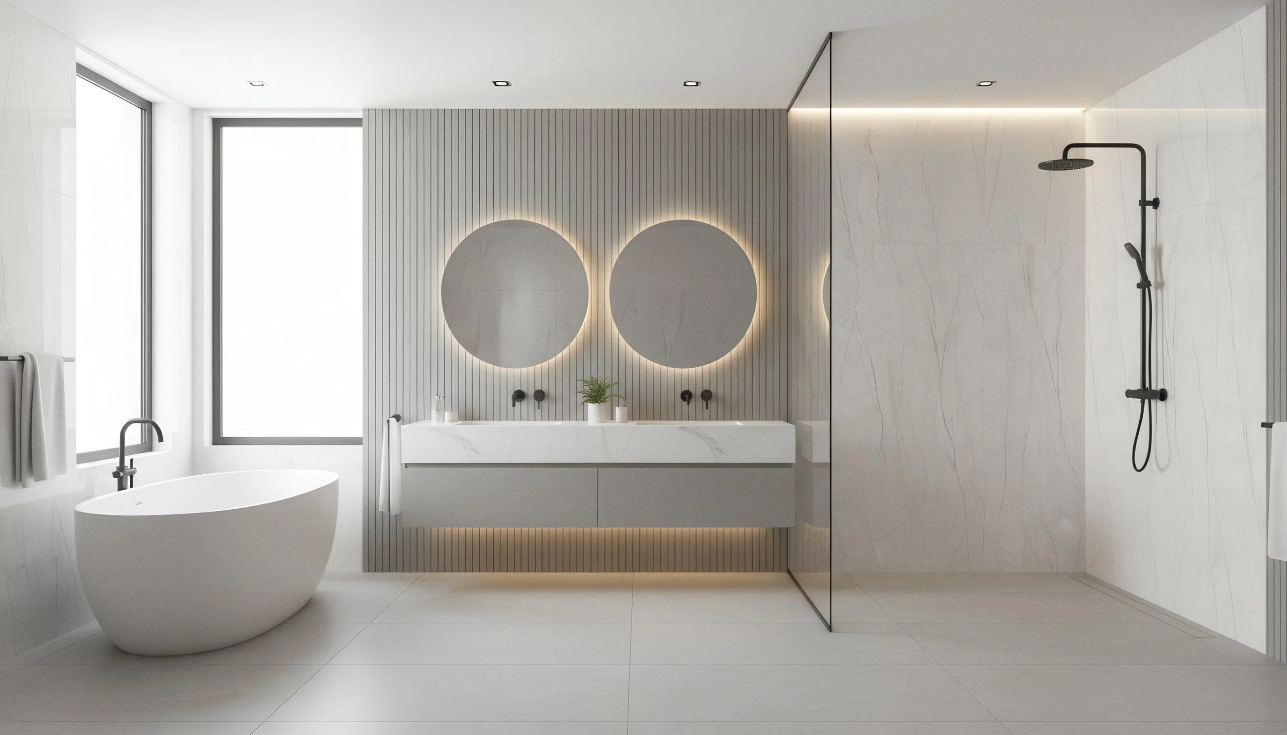 Modern Bathroom With Statuario Pearl 4x9 Porcelain Slab Shower Wall | CIERO