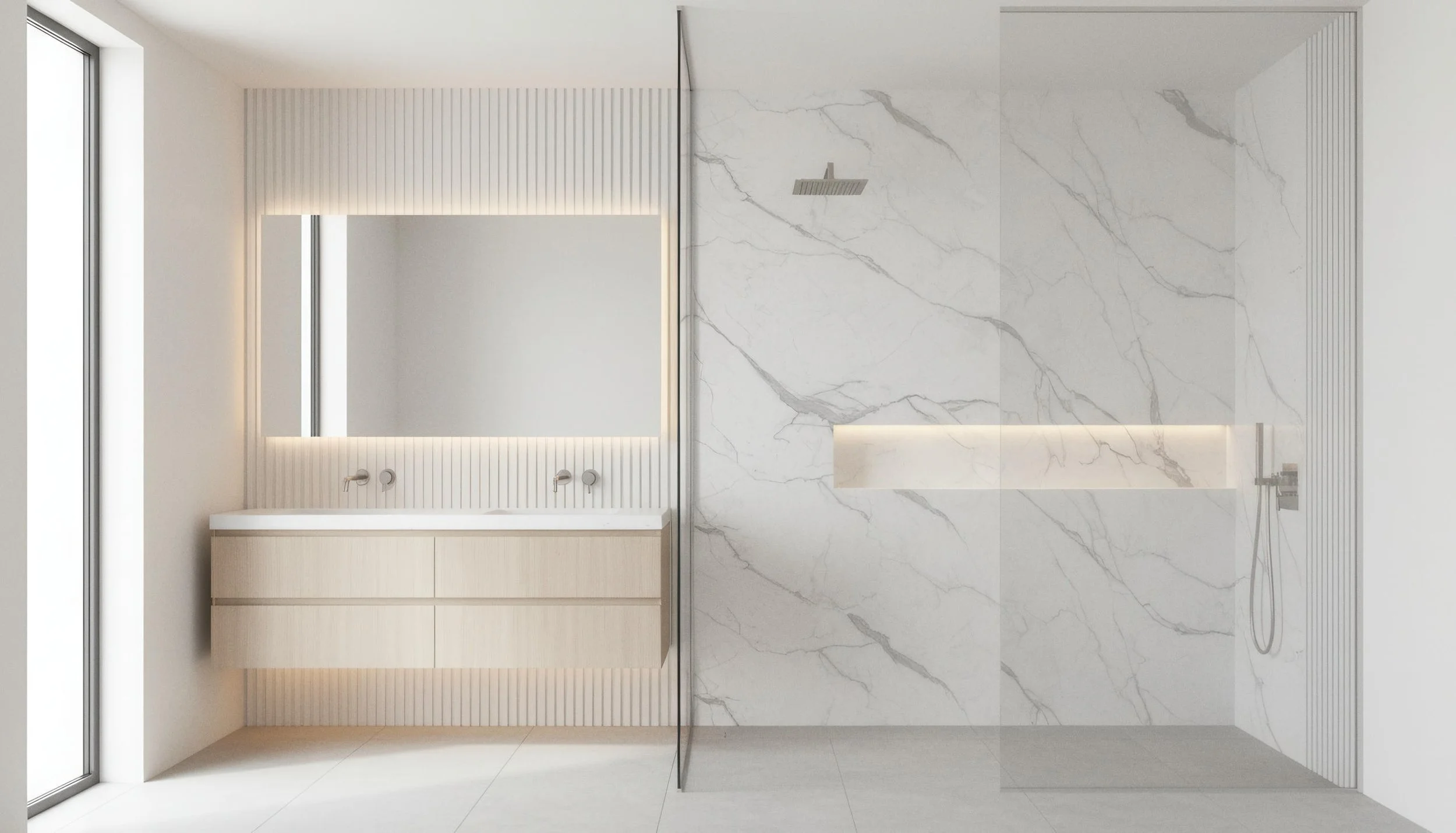 Modern Bathroom With Calacatta Victoria 4x8 Porcelain Slab Shower Wall | CIERO