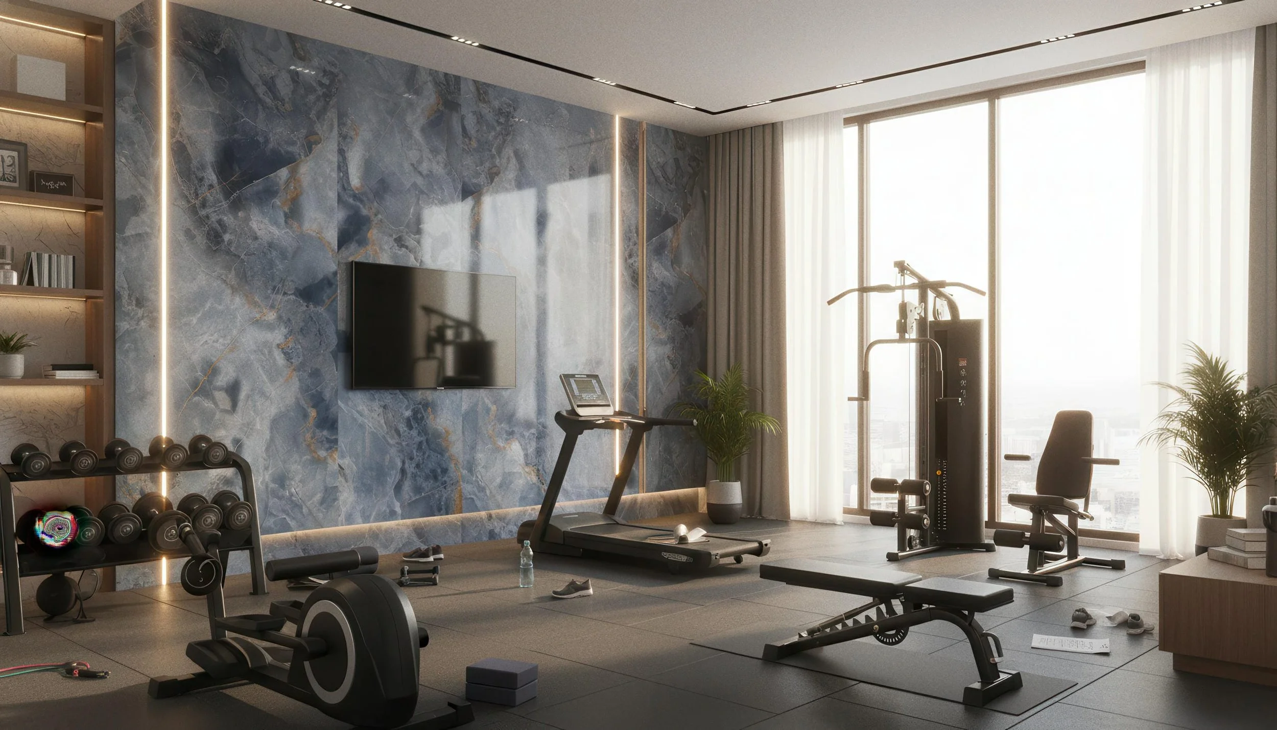 Modern Home Gym With Onyx Neptune 4x10 Porcelain Slab Feature Wall | CIERO