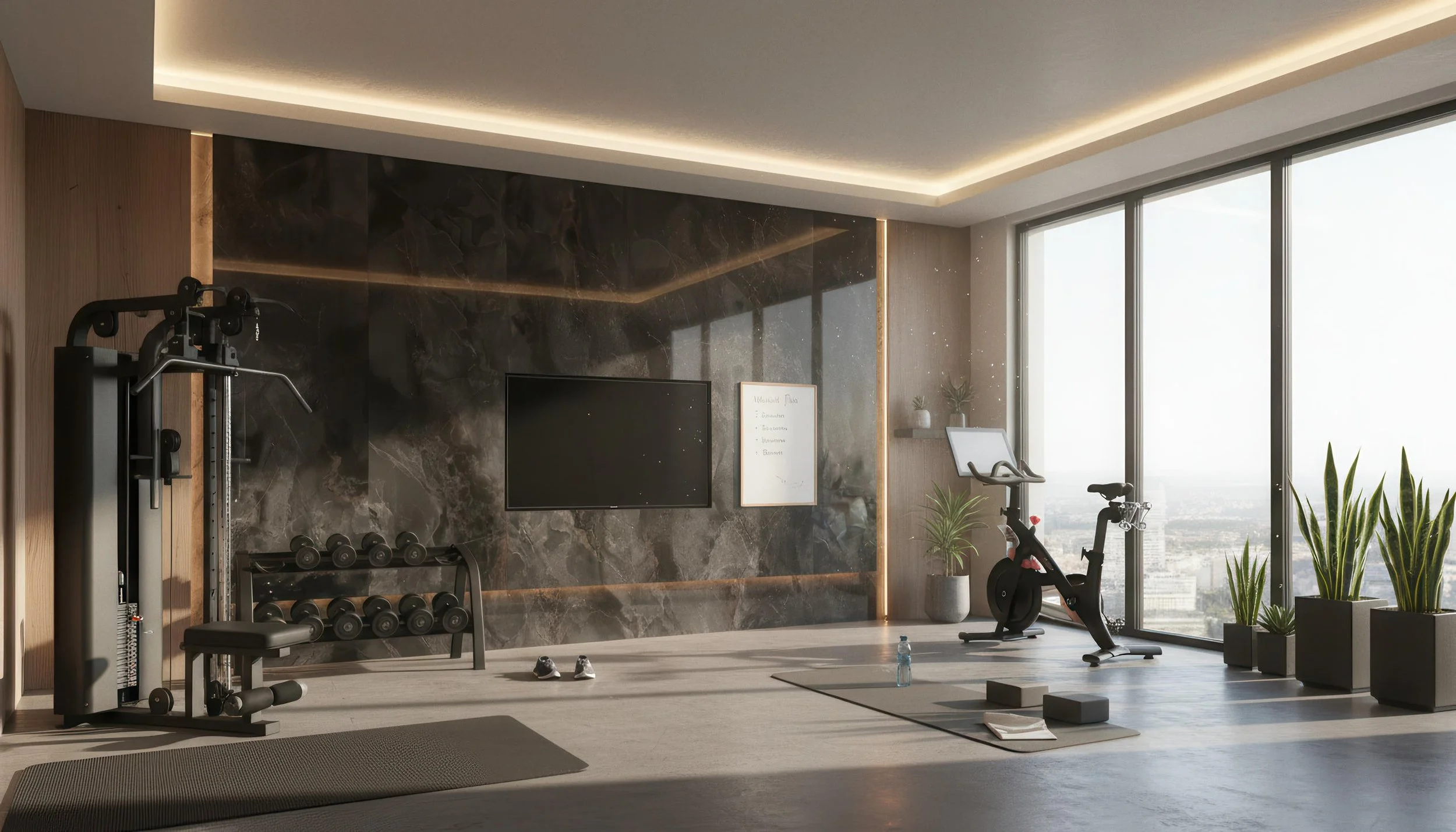 Modern Indoor Gym With Onyx Noir 4x10 Porcelain Slab Feature Wall | CIERO