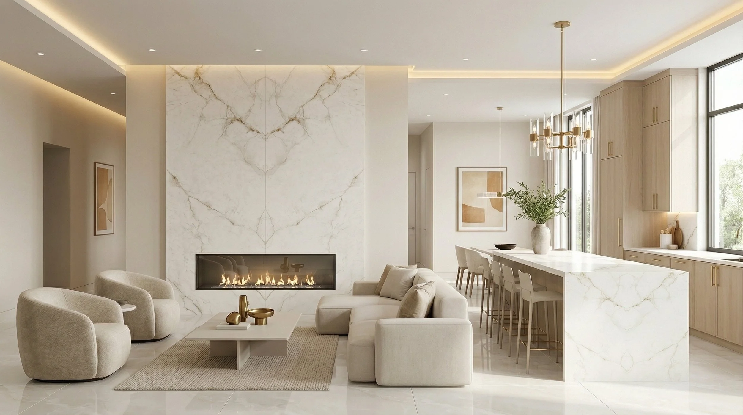 Modern Living Room Kitchen Space With Carrara Gold LW 5x10 Porcelain Slab on the Fireplace Mediawall | CIERO