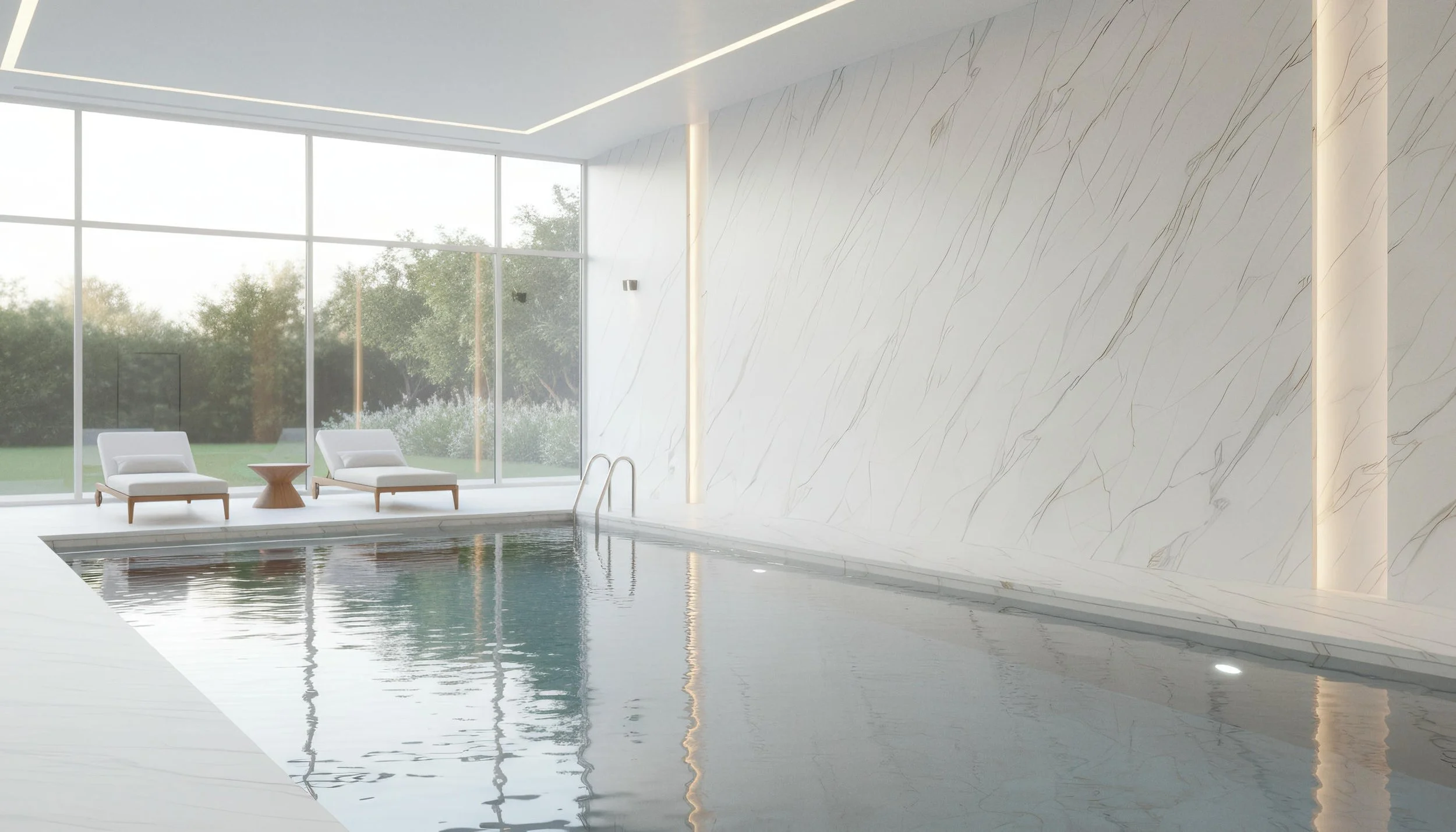 Modern Indoor Pool With Karami White 4x10 Porcelain Slab Accent Wall Array | CIERO