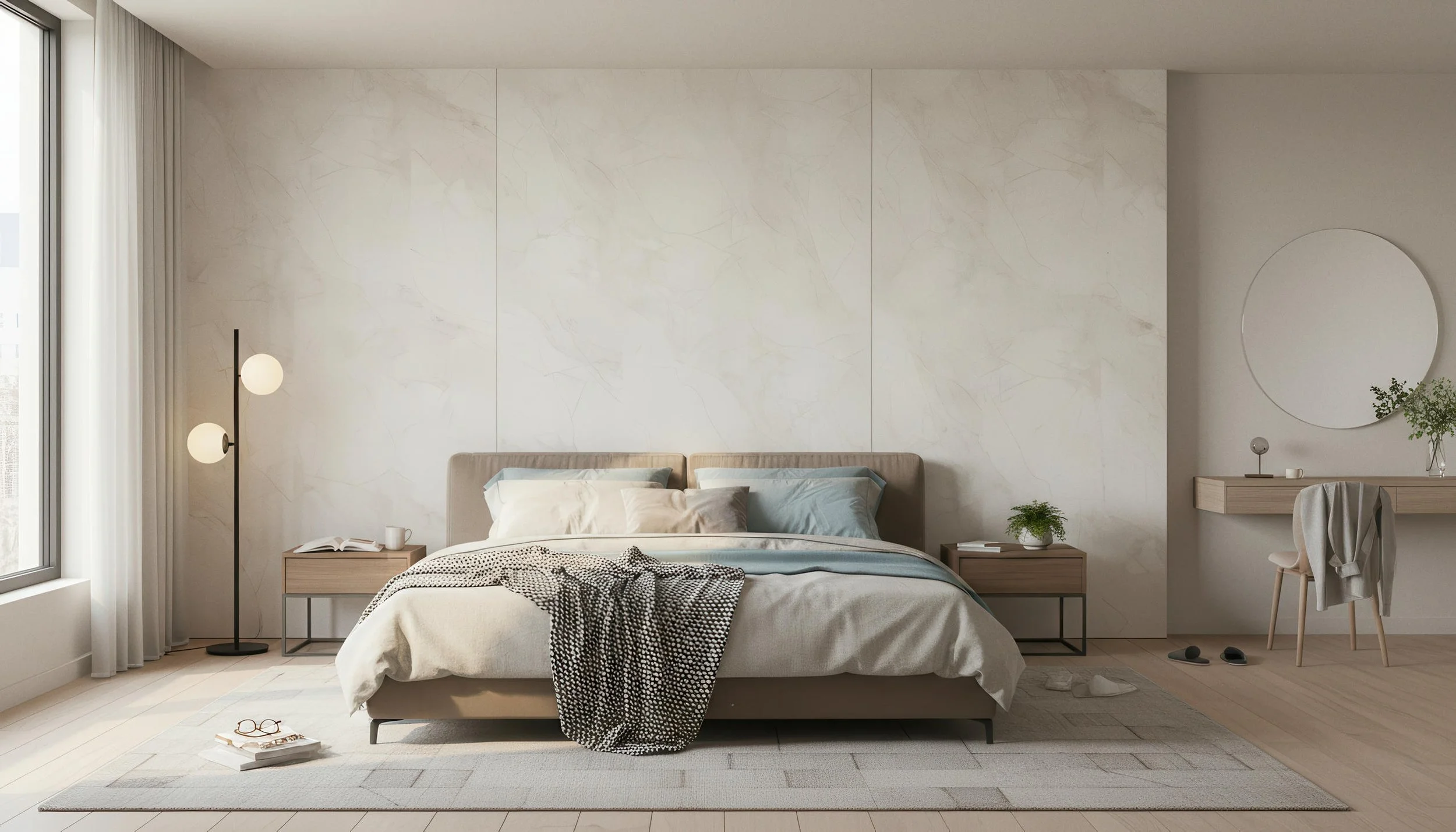 Modern Bedroom With Mystic Ivory 4x8 Porcelain Slab Accent Wall | CIERO
