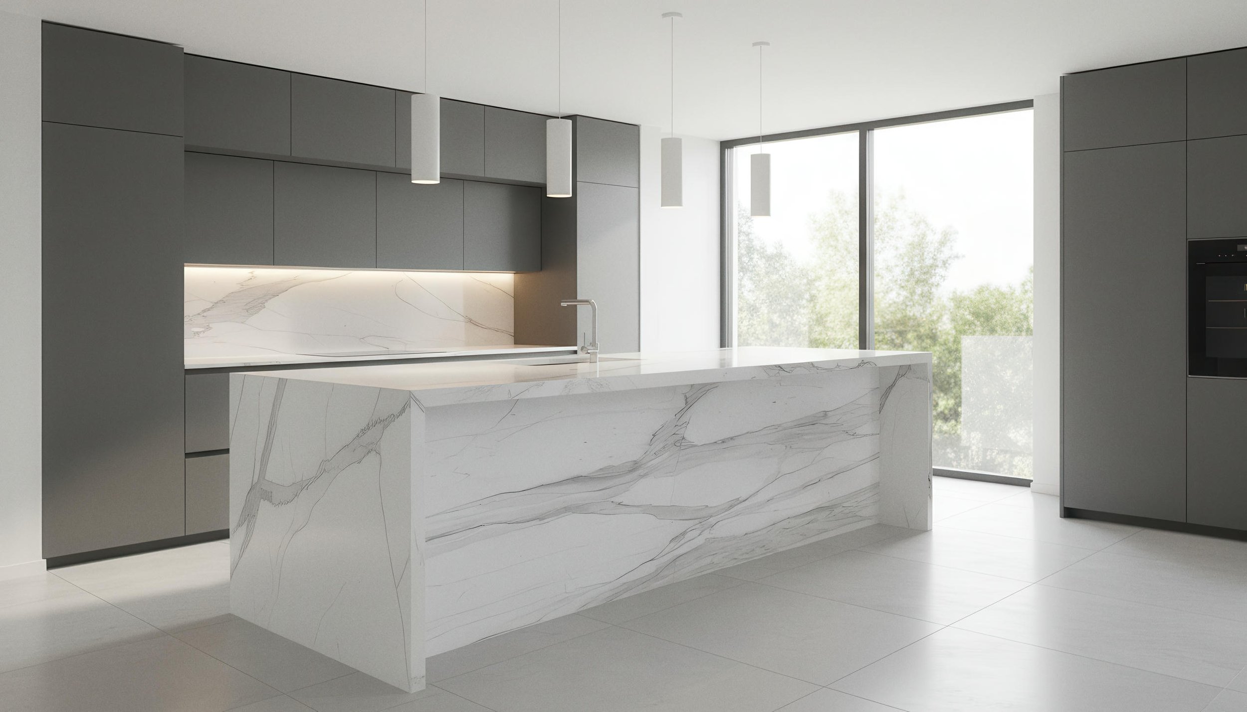 Modern Kitchen With Tuscany White 5x10 Porcelain Slab island & Backsplash | CIERO INC