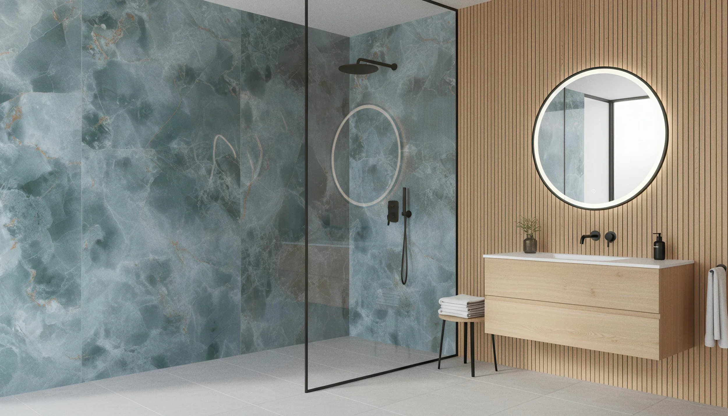 Modern Bathroom With Onyx Jade 4x10 Porcelain Slab Shower Wall| CIERO