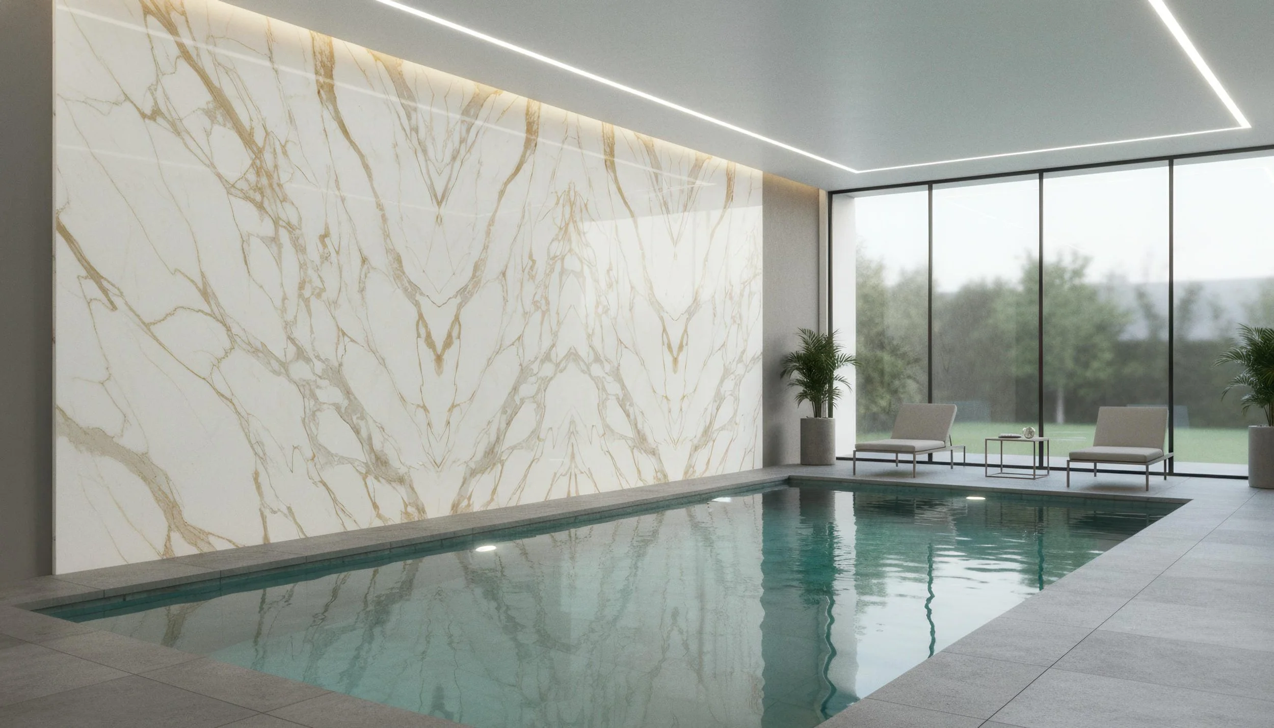 Modern indoor swimming pool with Givenchy Gold 5x10 Porcelain Slab Feature Wall