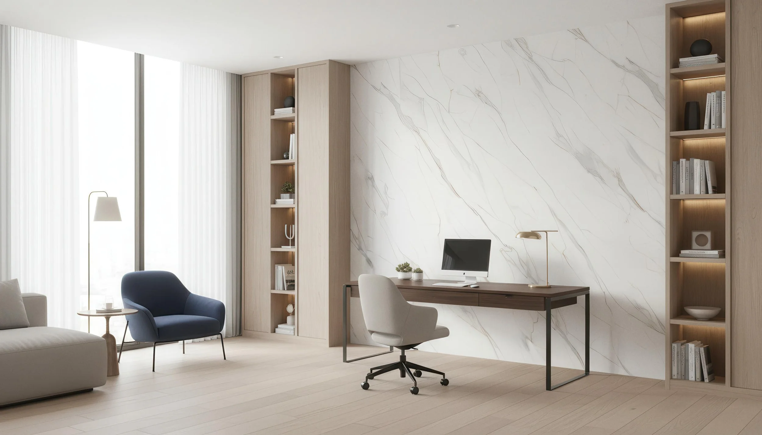 Modern Home Office With Karami White 4x10 Porcelain Slab Accent Wall | CIERO