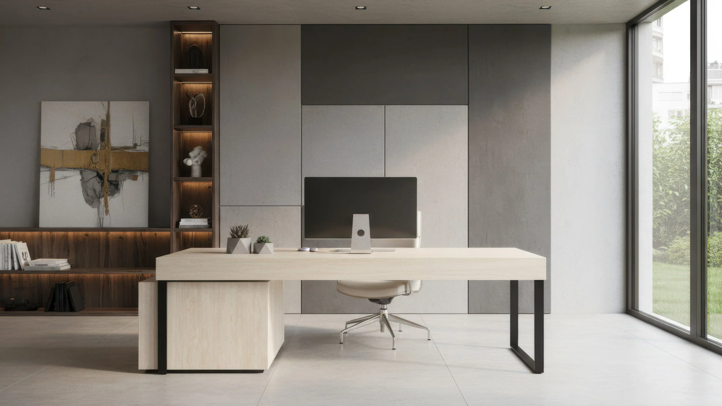 modern home office with travertino porcelain slab