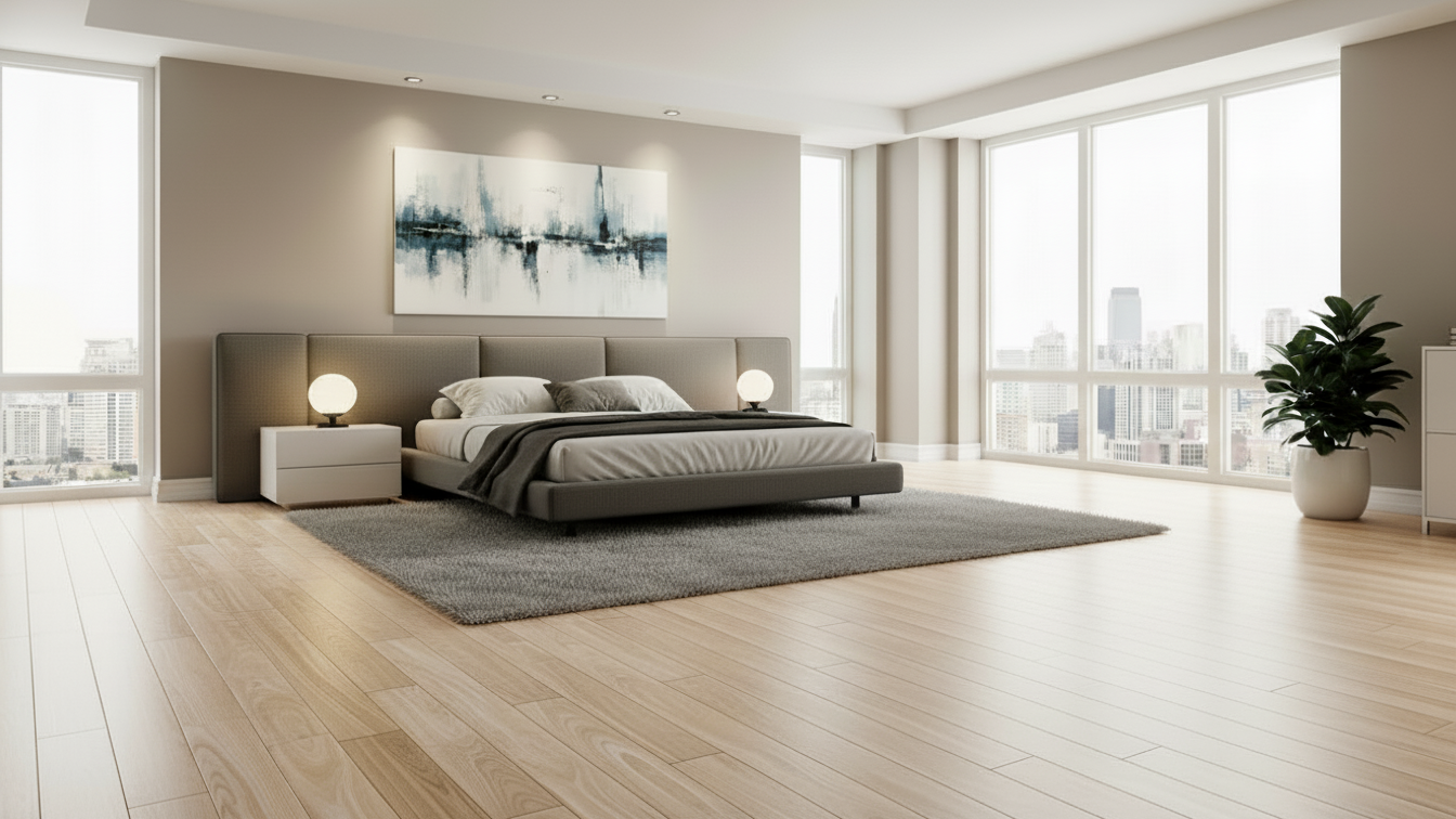a photo of a modern large condo bedroom with light chocolate engineered flooring