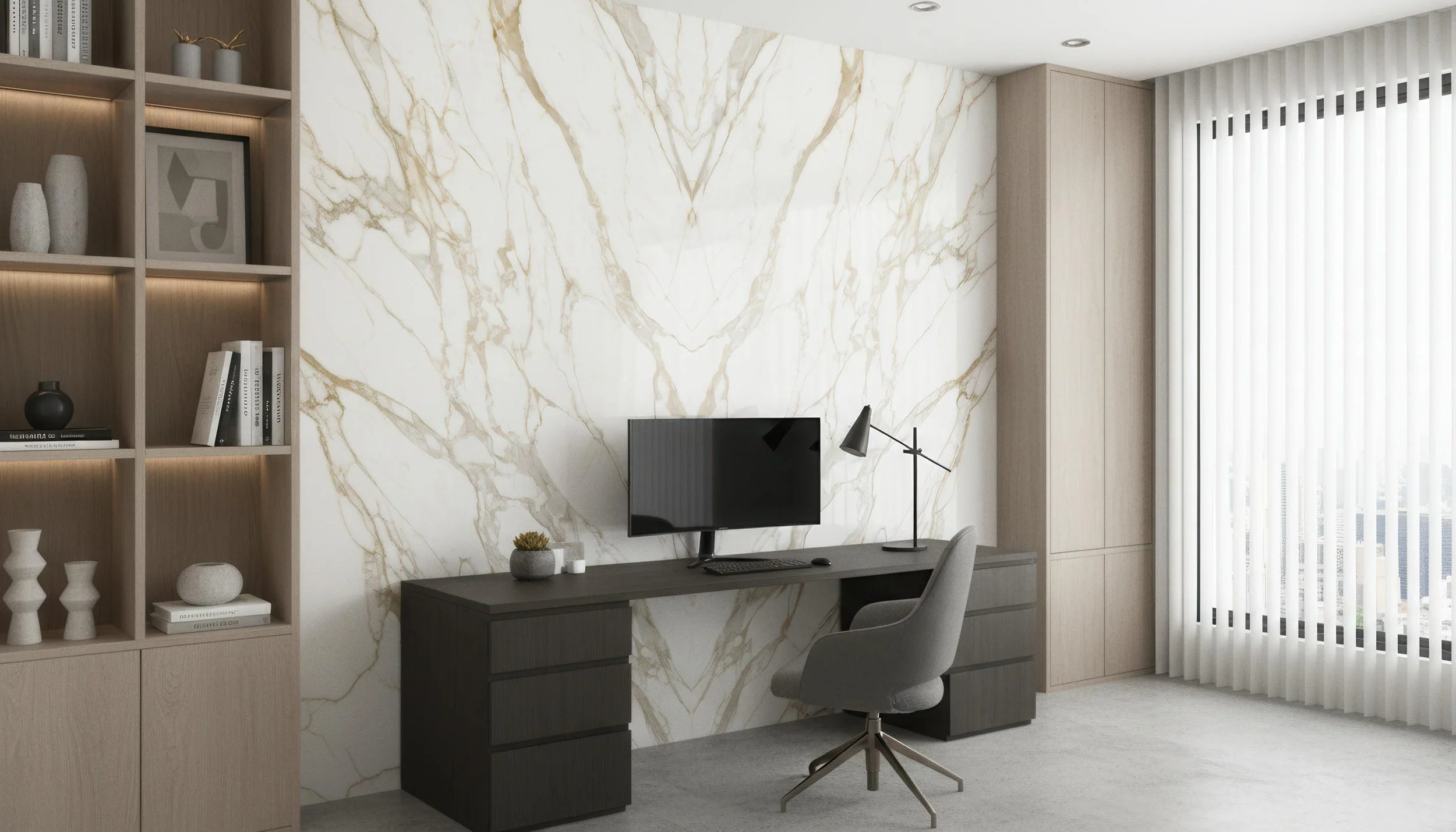 Modern home office with Givenchy Gold Porcelain Slab Feature Wall | CIERO