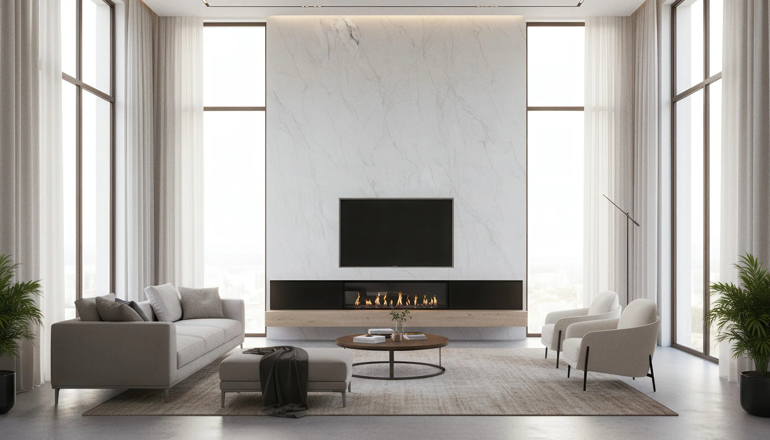 Modern Livingroom With Statuario Ash 4x10 Porcelain Slab Feature Wall| CIERO
