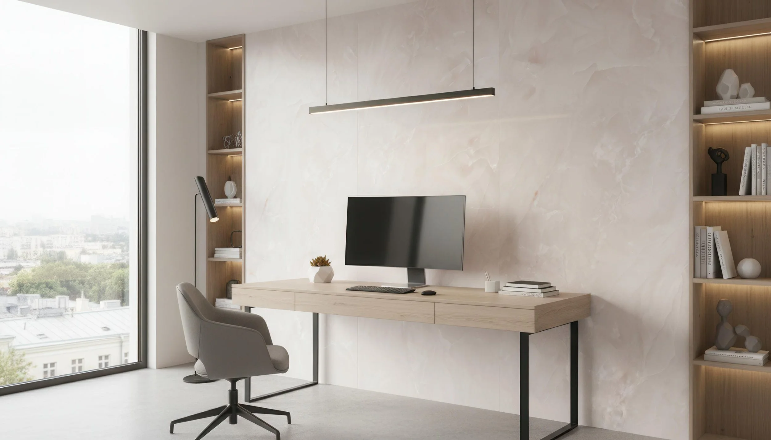 Modern Office with Onyx Pink 4x10 Porcelain Slab Featurewall | CIERO