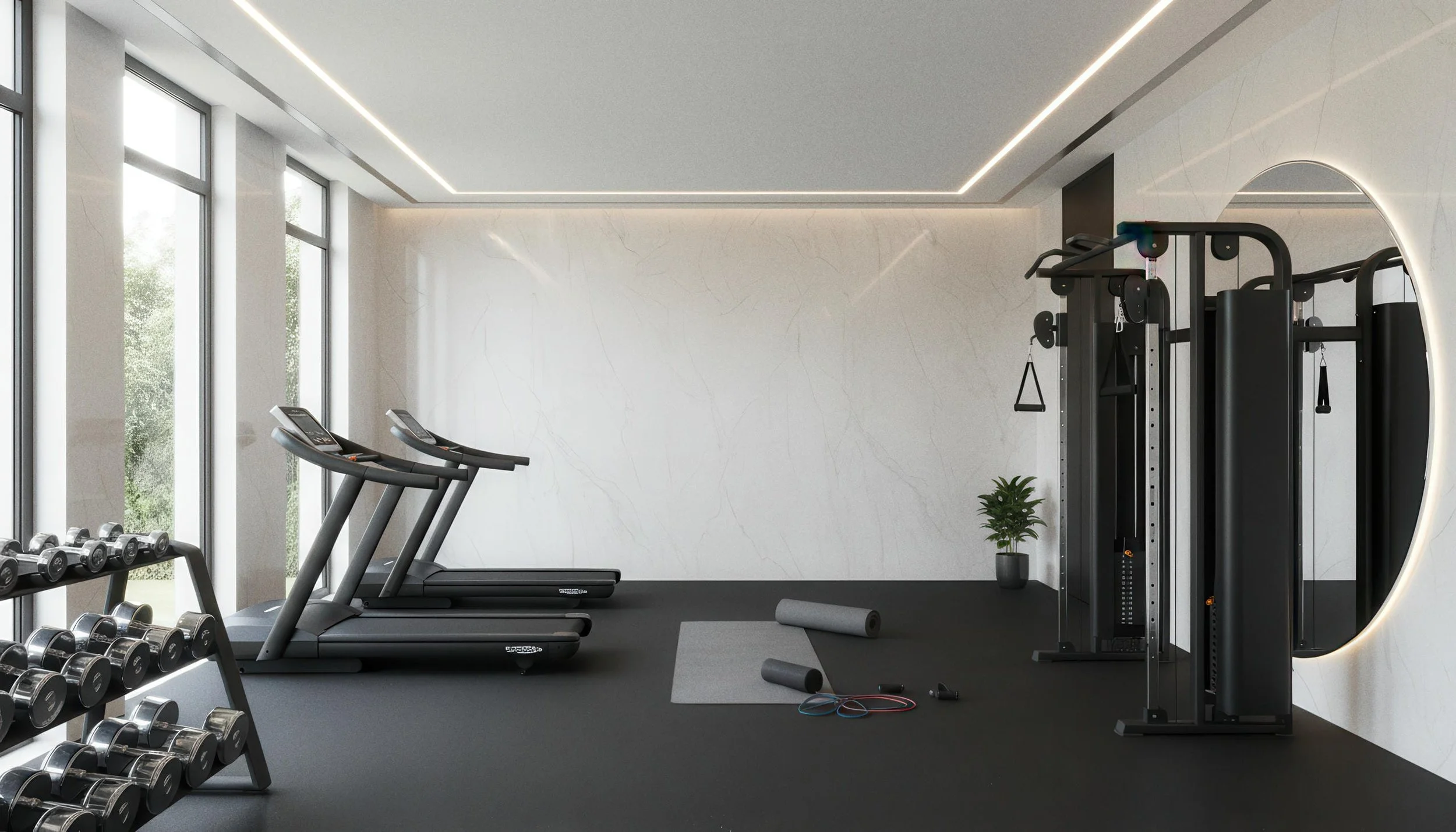 Modern Home Gym With Statuario Ash 4x10 Porcelain Slab Feature Wall| CIERO