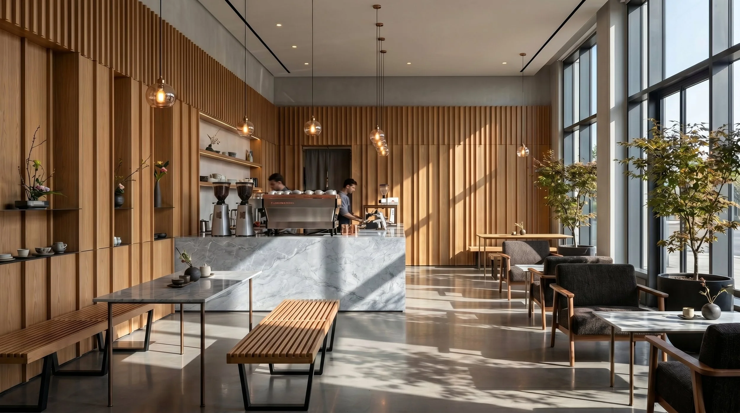 Luxury Cafe With CIERO's SuperWhite Porcelain Slab Used For Barrista Table