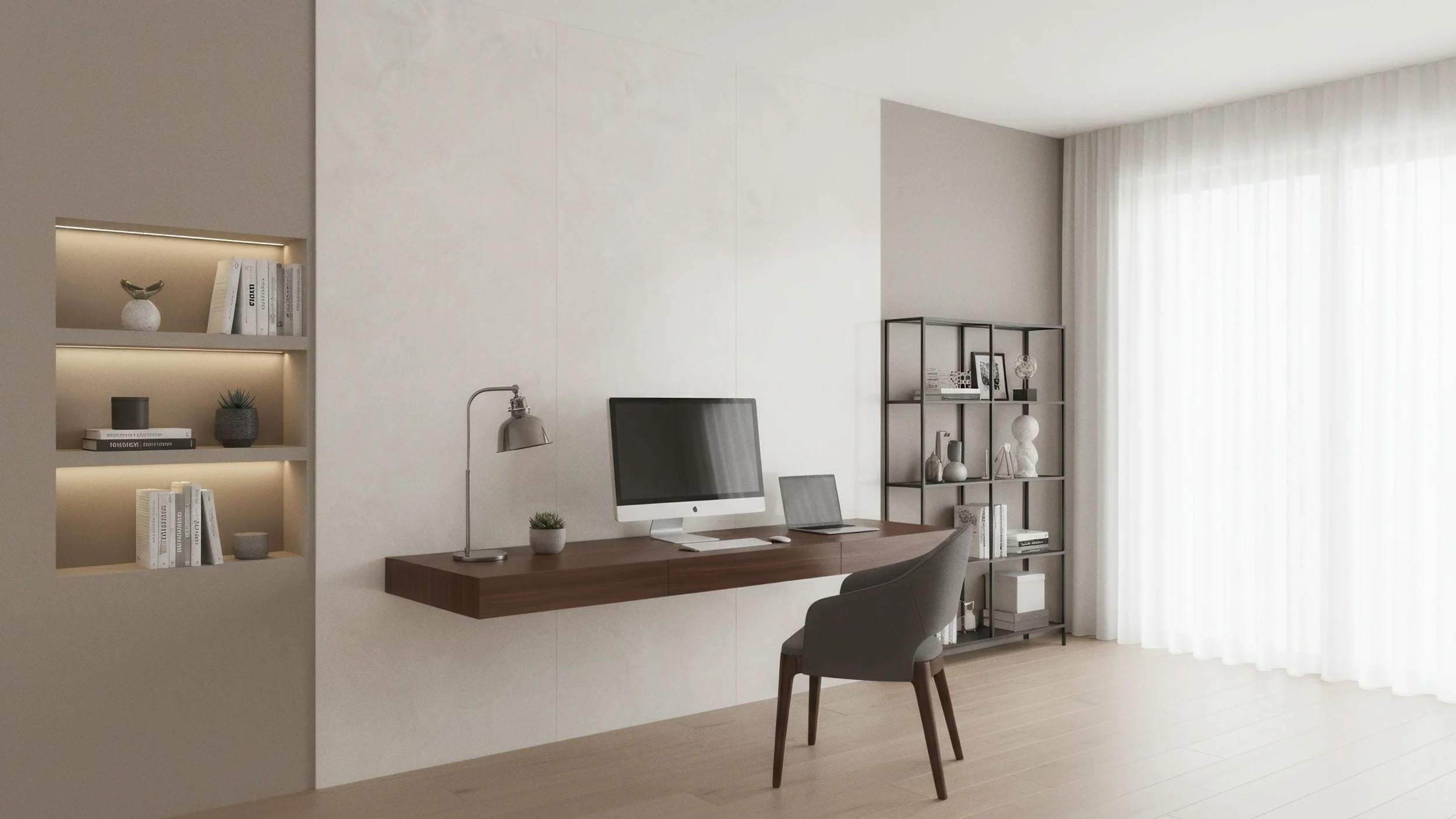 Modern Home Office With Porcelain Slab Feature Wall Utilizing Glacier Porcelain Slab from CIERO INC