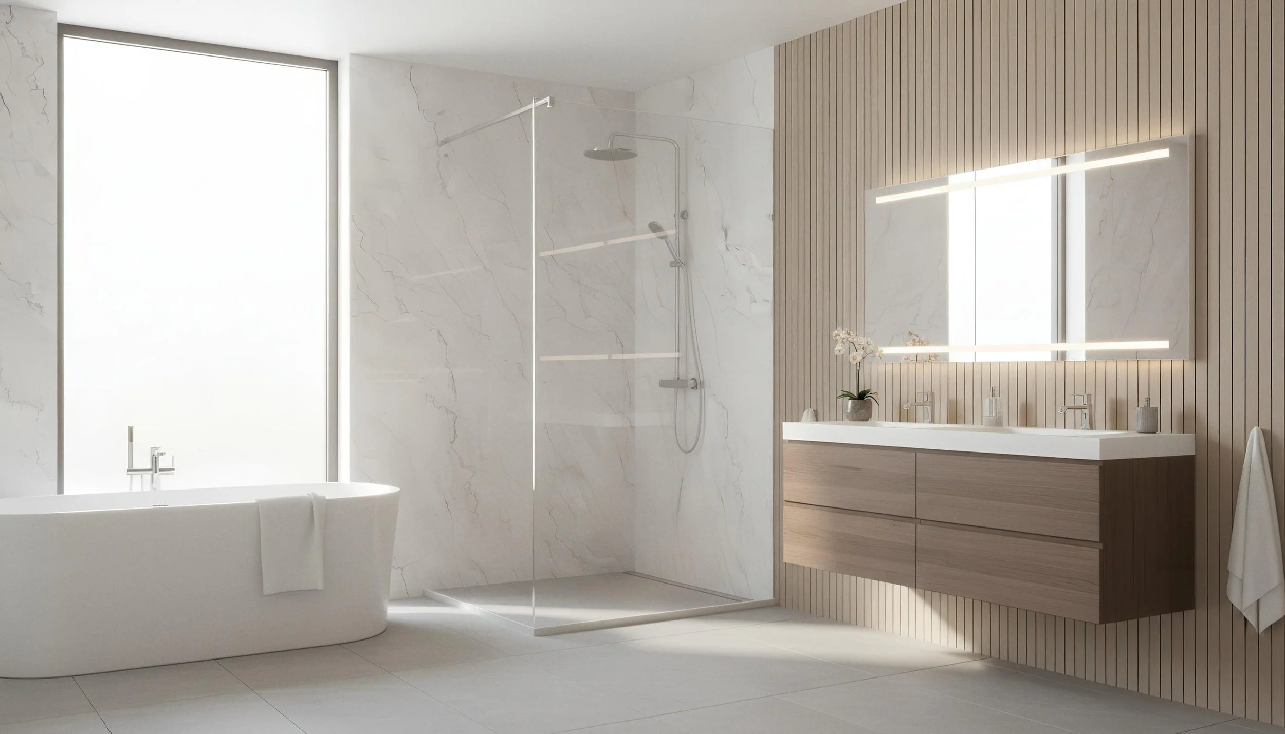 Modern Bathroom With Statuario Dune 4x10 Porcelain Slab Shower Wall | CIERO