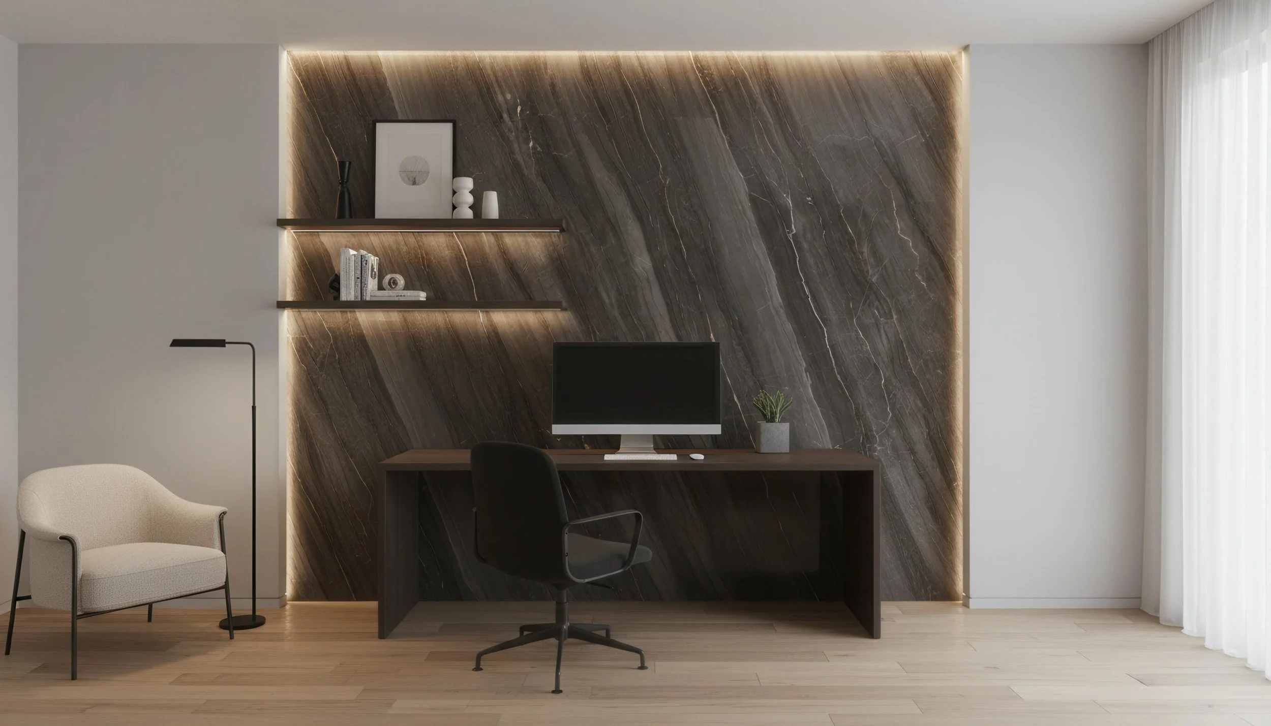 Modern home office with xVolcanic Basalt 5x10 Porcelain Slab Feature Wall| CIERO