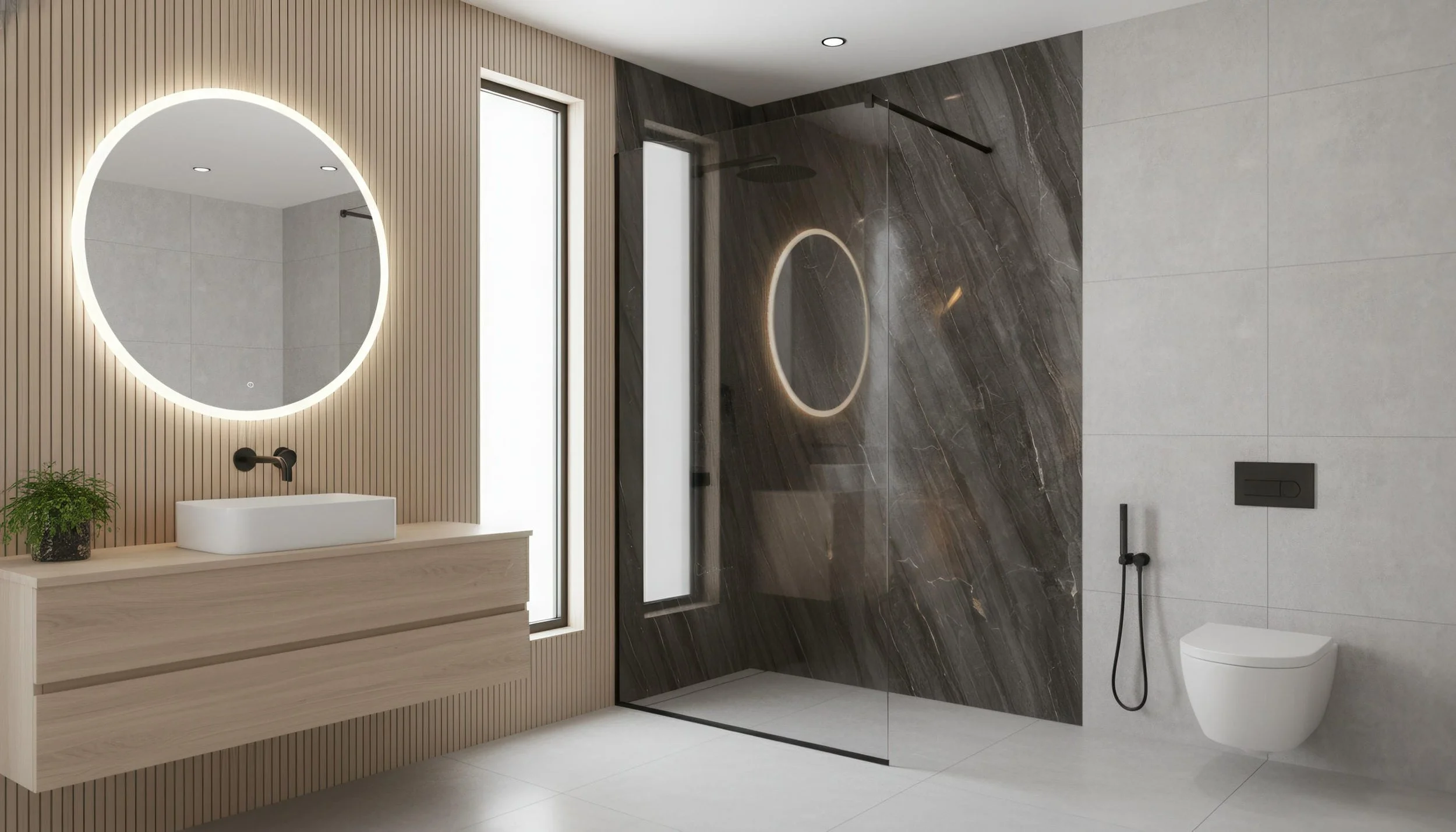 Modern Bathroom with Volcanic Basalt 5x10 Porcelain Slab Shower Wall | CIERO