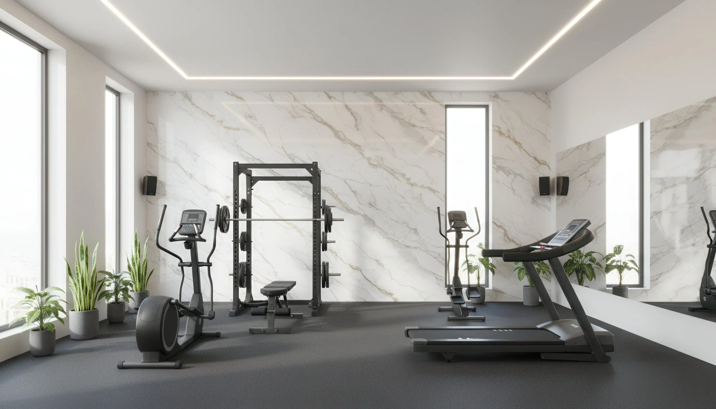 Modern Home Gym with Calacatta Gold 5x10 Porcelain Slab Feature Wall| CIERO