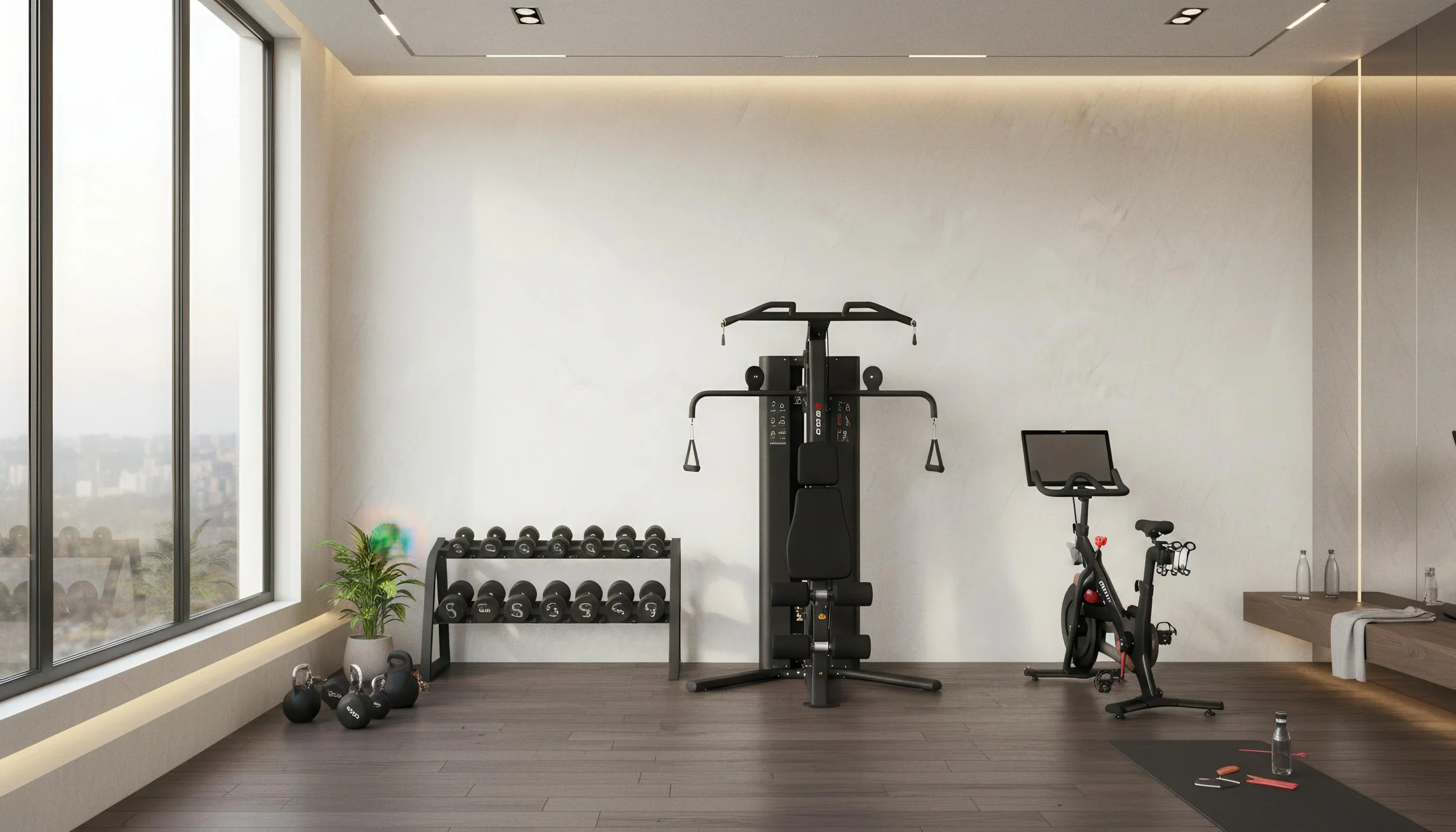 Modern Home Gym With Glacier Crystal 4x10 Porcelain Slab Feature Wall | CIERO