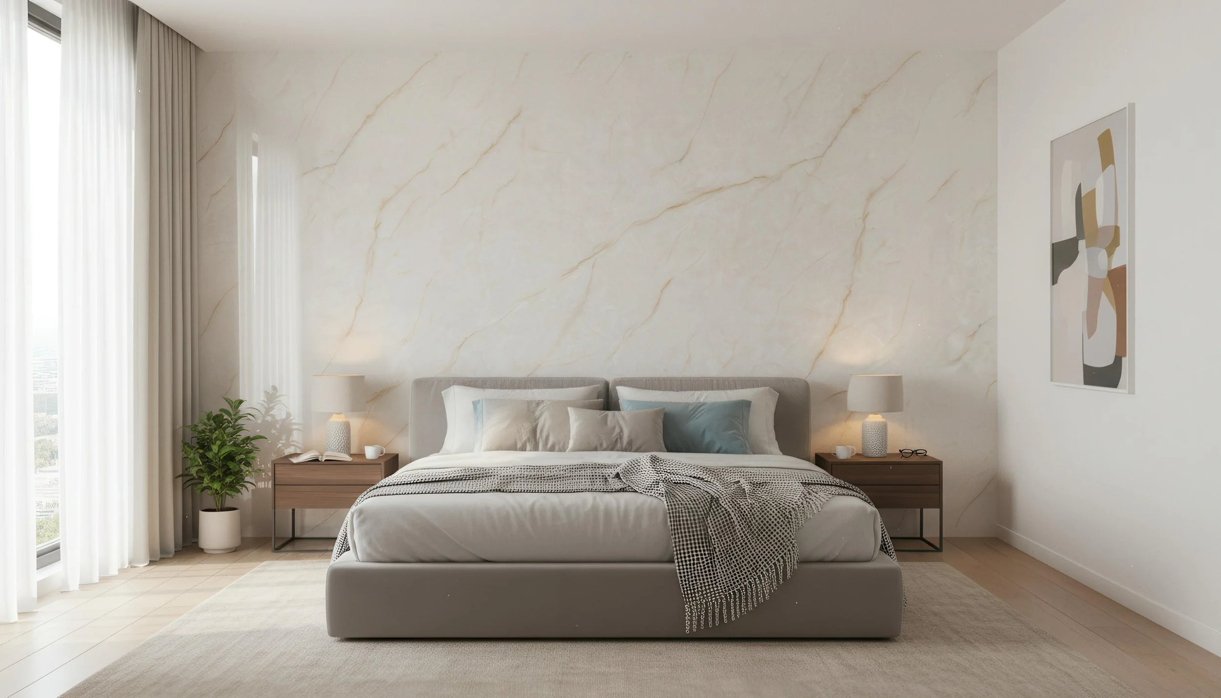 Modern Bedroom With Ice Crystal 4x8 Porcelain Slab Feature Wall | CIERO