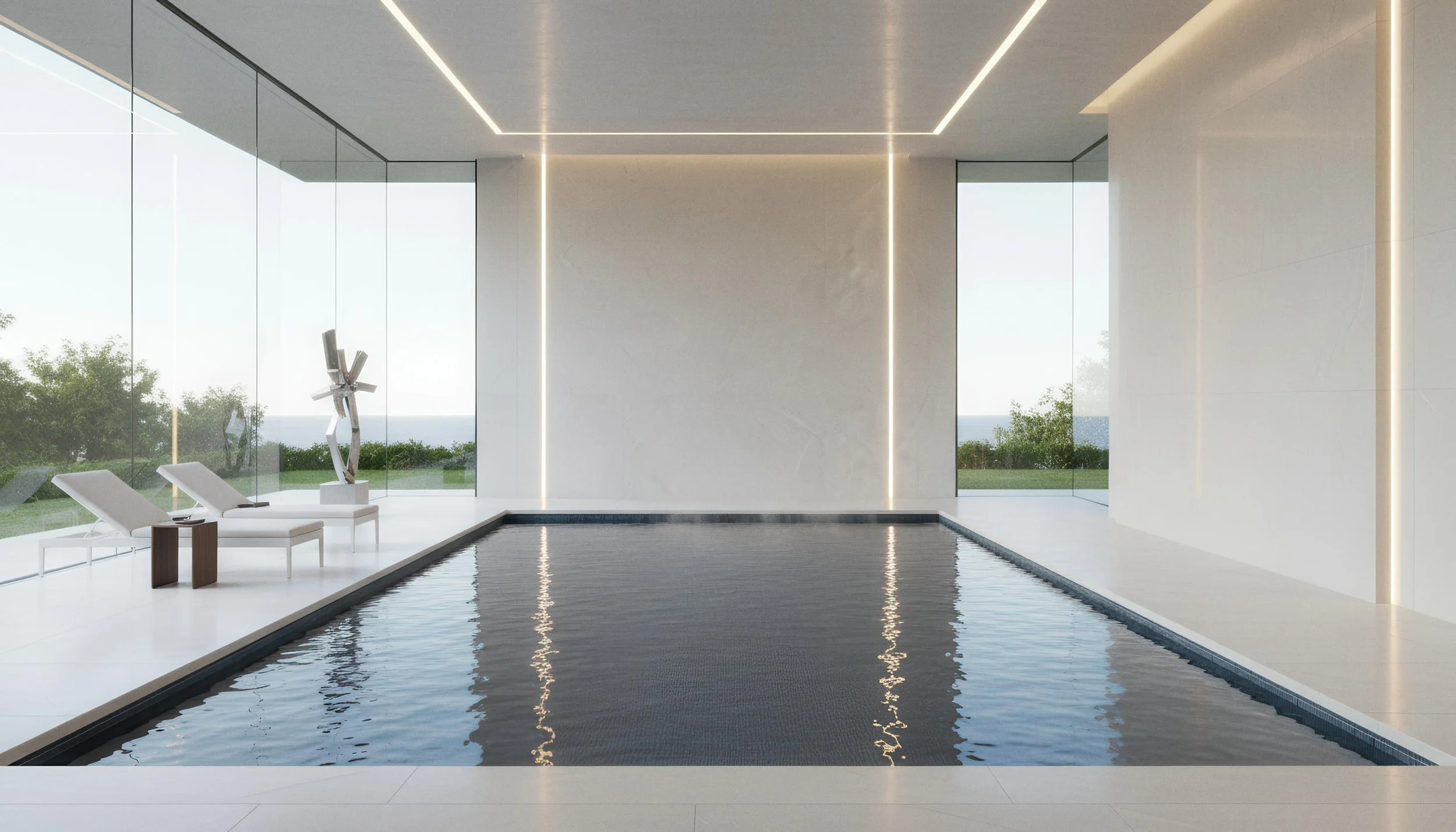 Modern Indoor Pool With Ivory Limestone 4x9 Porcelain Slab Feature Wall | CIERO