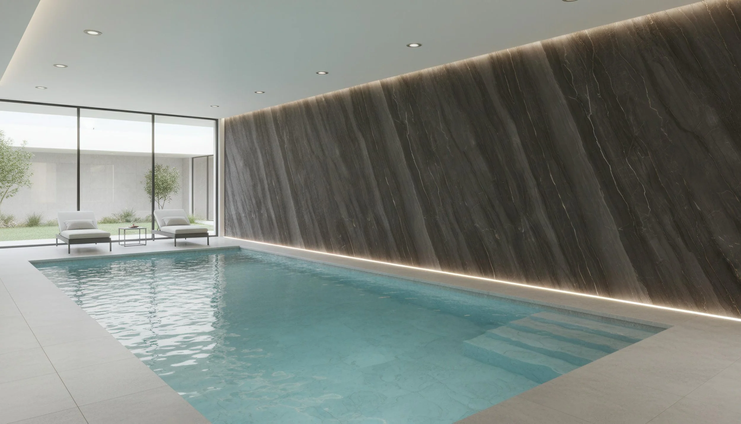 Modern Indoor Pool with Volcanic Basalt 5x10 Porcelain Slab Featurewall| CIERO