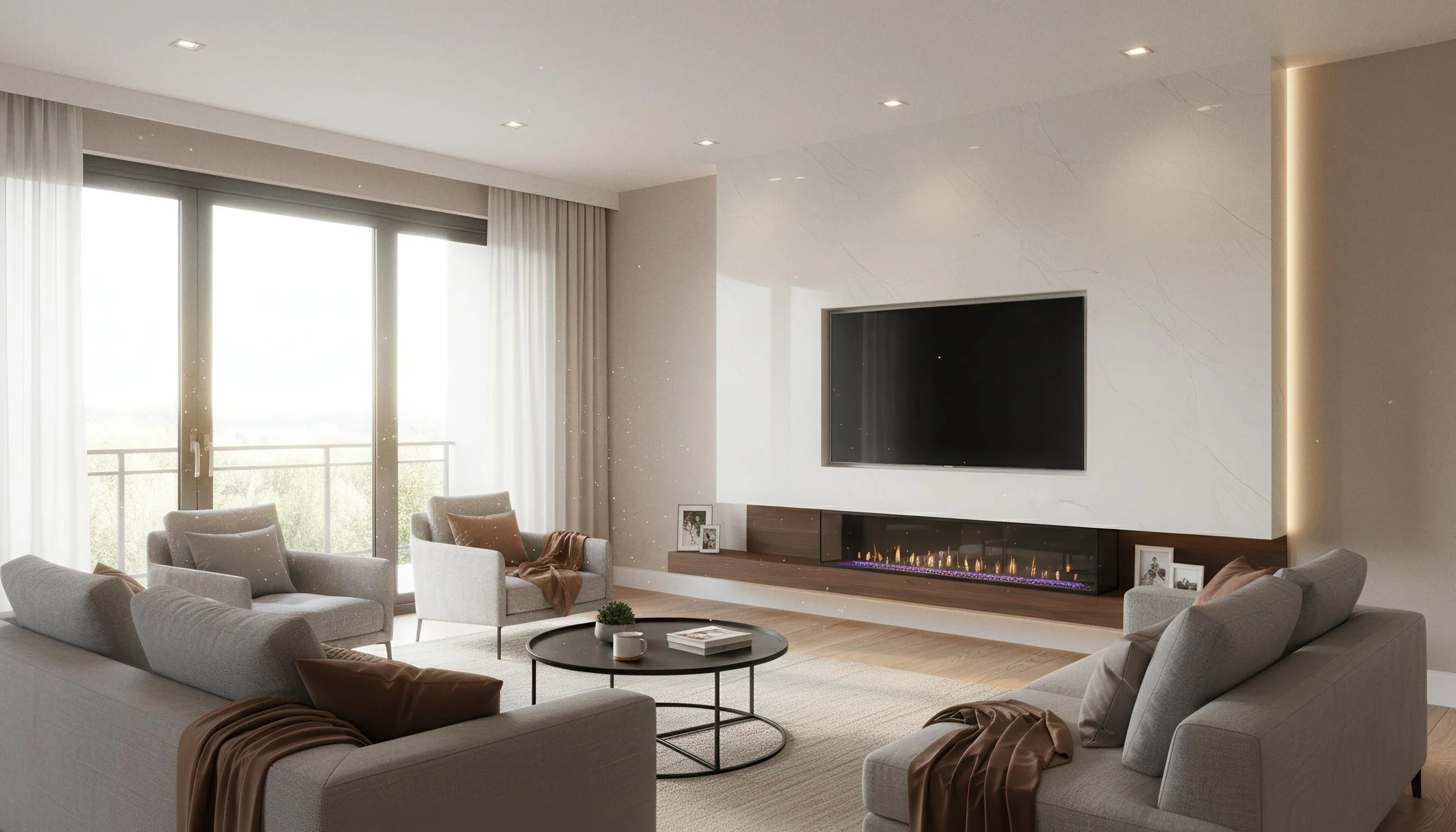 Modern Livingroom With White Jade 4x9 Porcelain Slab Fireplace Featurewall | CIERO INC