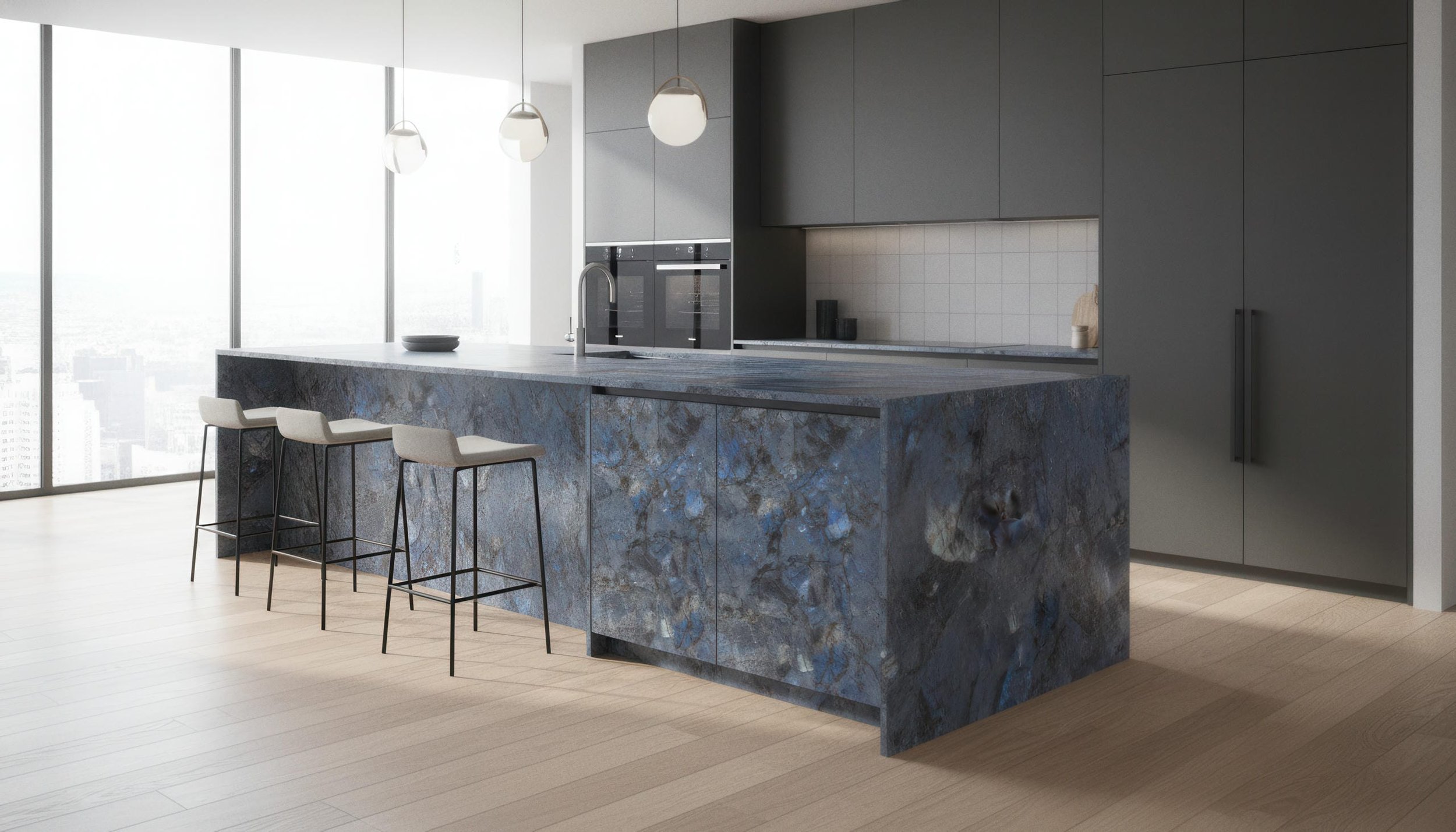 Modern Kitchen with Opal Storm 5x10 Porcelain Slab Island | CIERO