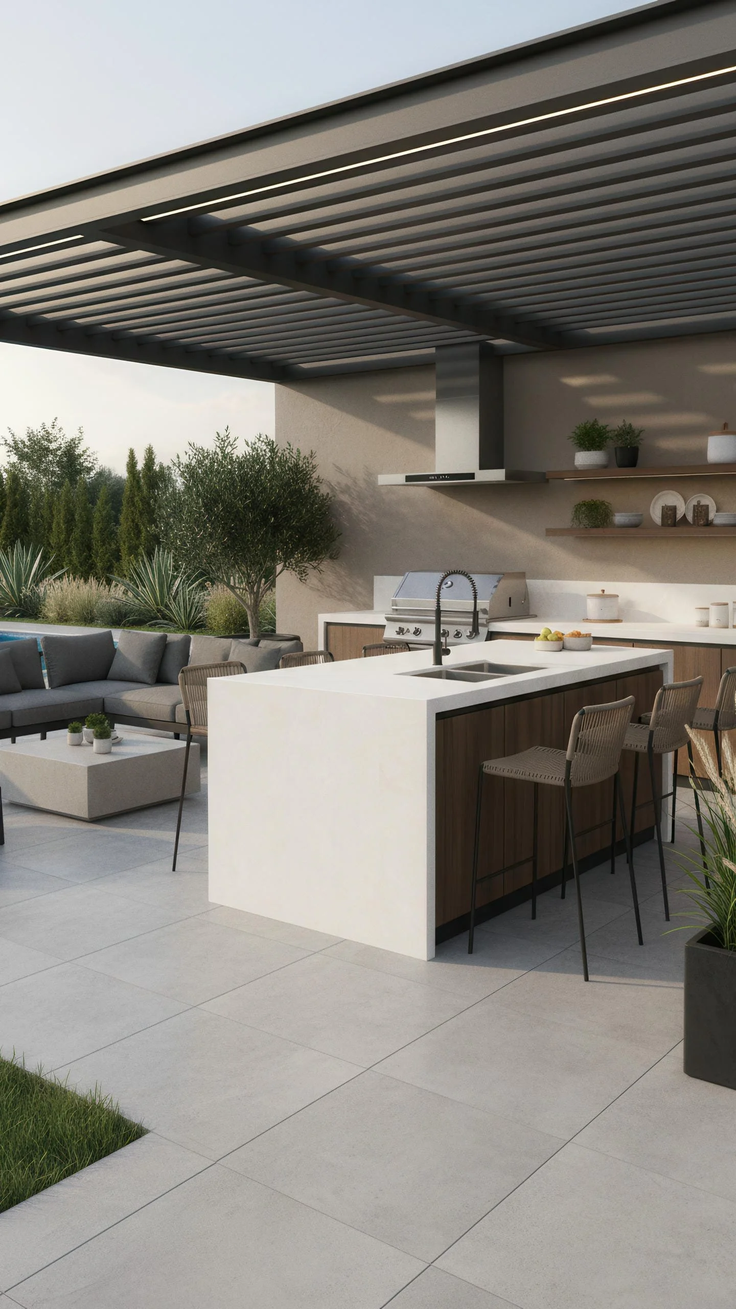 Modern Outdoor BBQ Kitchen With Island With Glacier Porcelain Slab 5x10 | CIERO INC