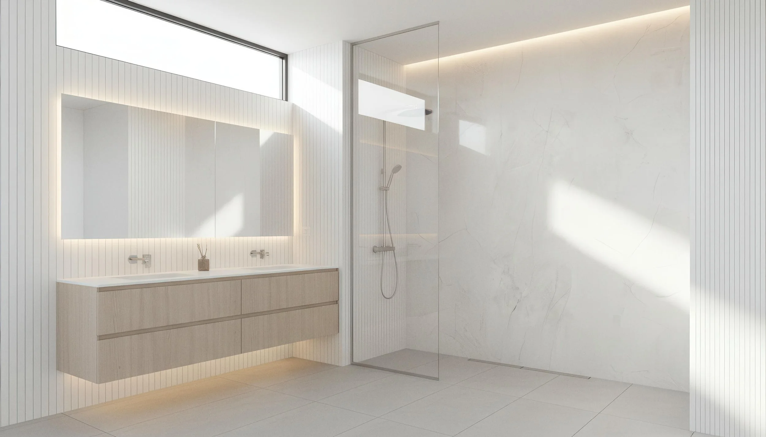 Modern Bathroom With Glacier Crystal 4x10 Porcelain Slab Shower Wall | CIERO