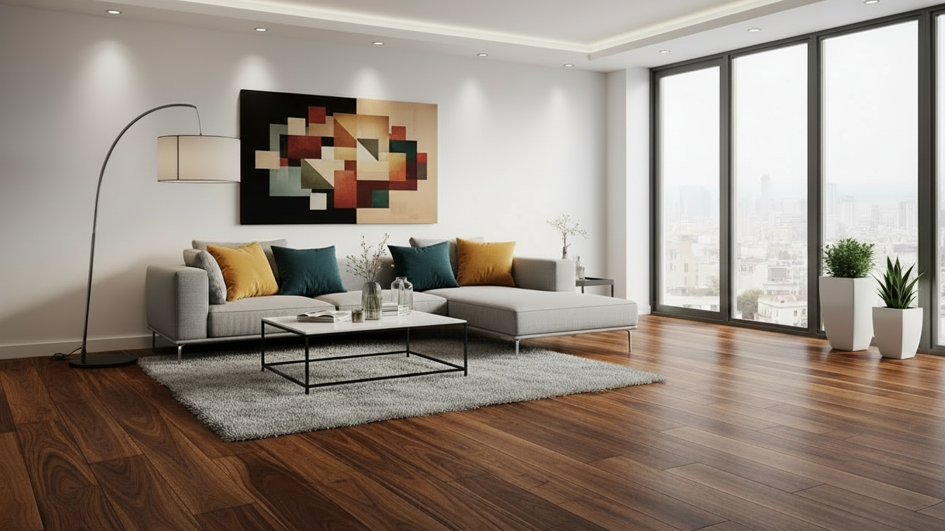Modern Livingroom featuring brazillian dark walnut engineered wood flooring