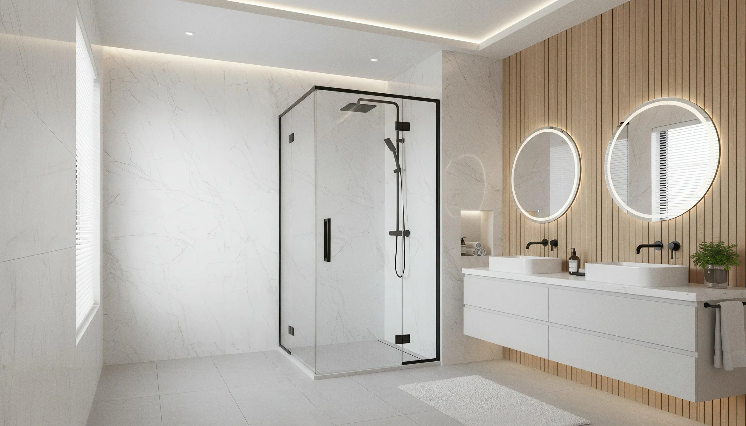Modern Bathroom With Statuario Ash 4x10 Porcelain Slab Shower Wall | CIERO