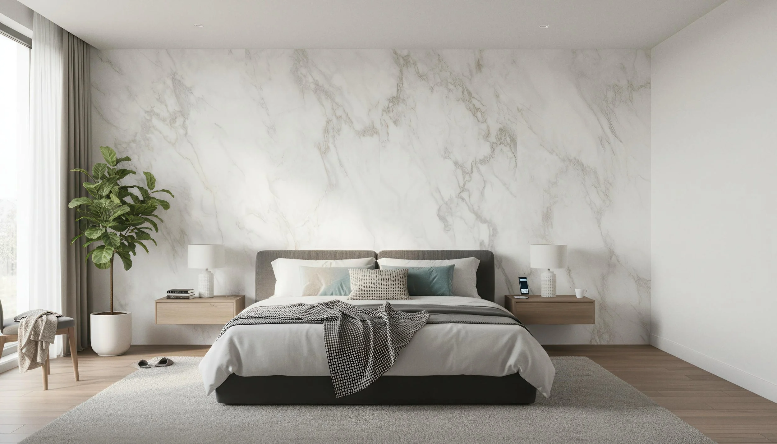 Modern Bedroom With Vienna White 4x9 Porcelain Slab Accent Wall | CIERO