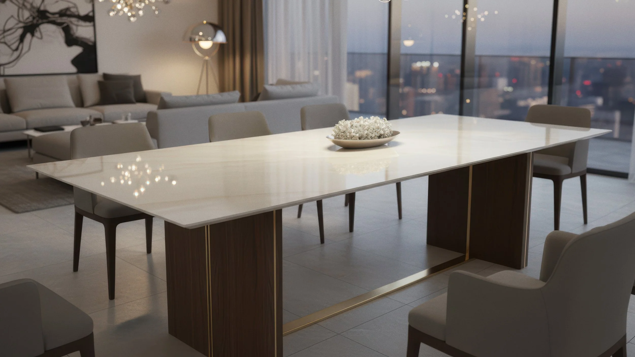 Modern Porcelain Slab Diniing table with dark wood and brass accented feet - developed with CIERO's White Onyx Porcelain Slab Design