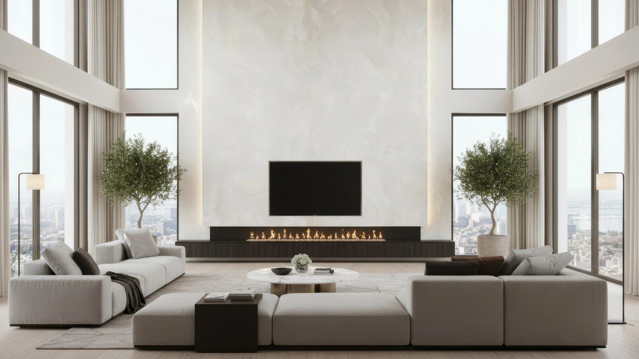 Modern Penthouse livingroom with porcelain slab featurewall and fireplace utilziing CIERO's White Onyx Porcelain Slab with a polished effect