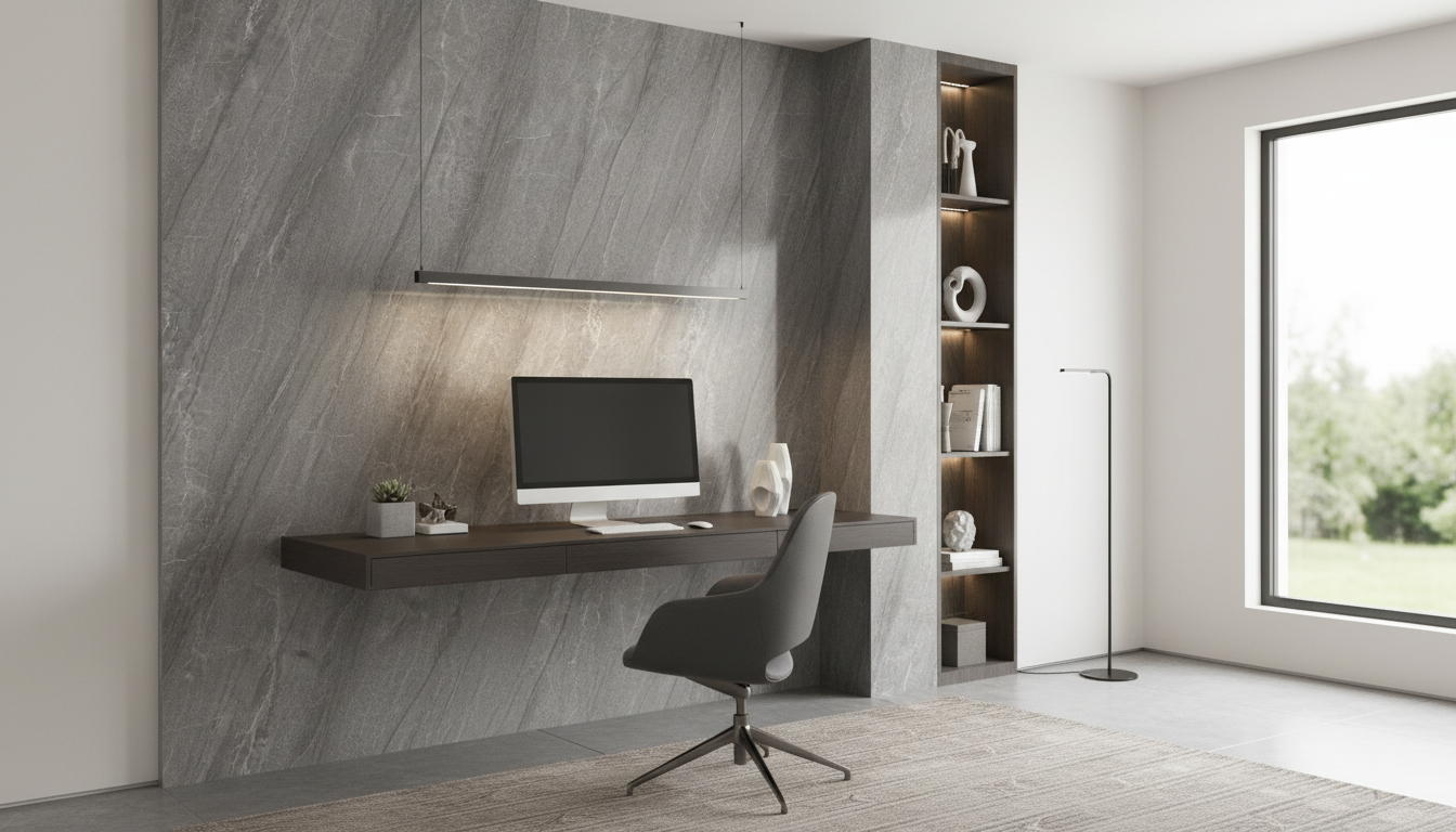 Modern Home Office With Calacatta Storm 4x10 Porcelain Slab Featurewall | CIERO