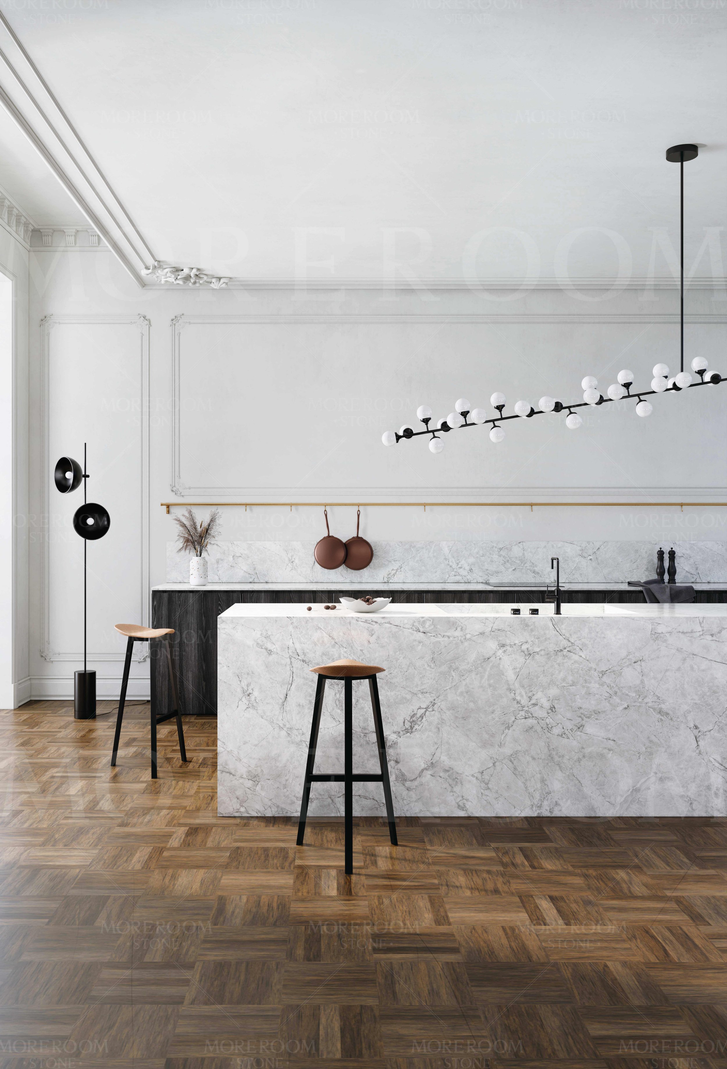Neo Classic Kitchen with Super White Porcelain Slab Kitchen Island from CIERO INC