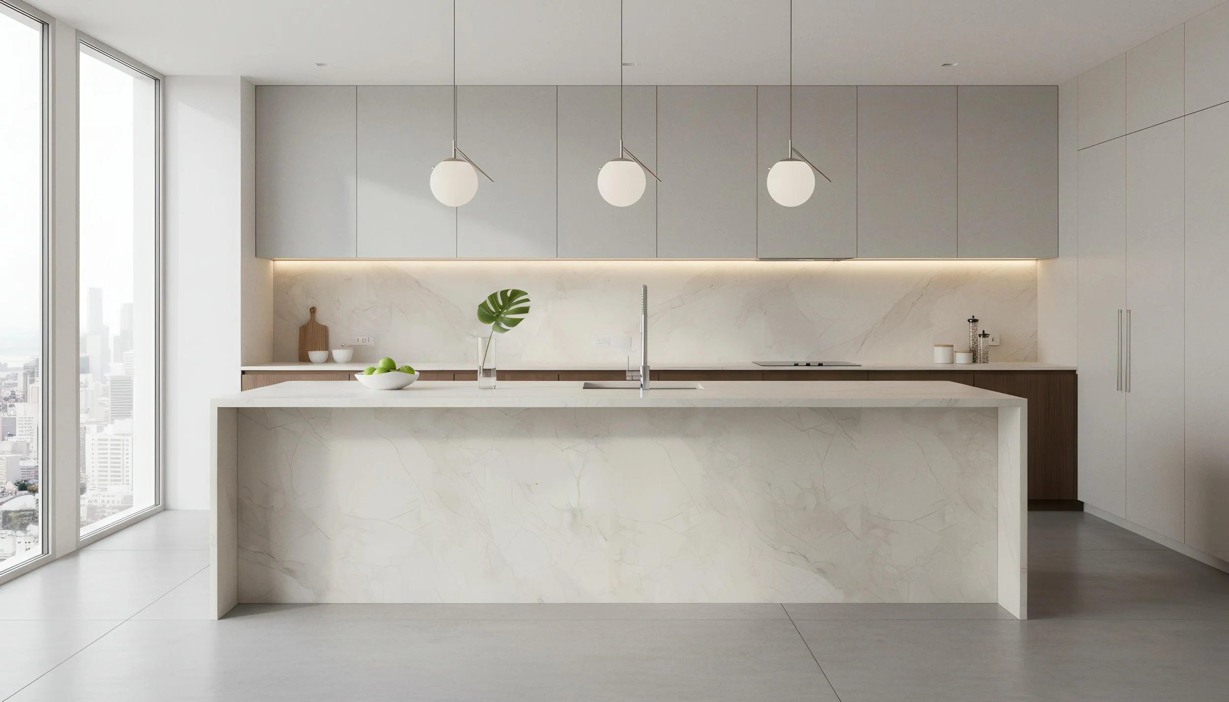 Modern Kitchen with Mystic Ivory 4x8 Porcelain Slab Island | CIERO