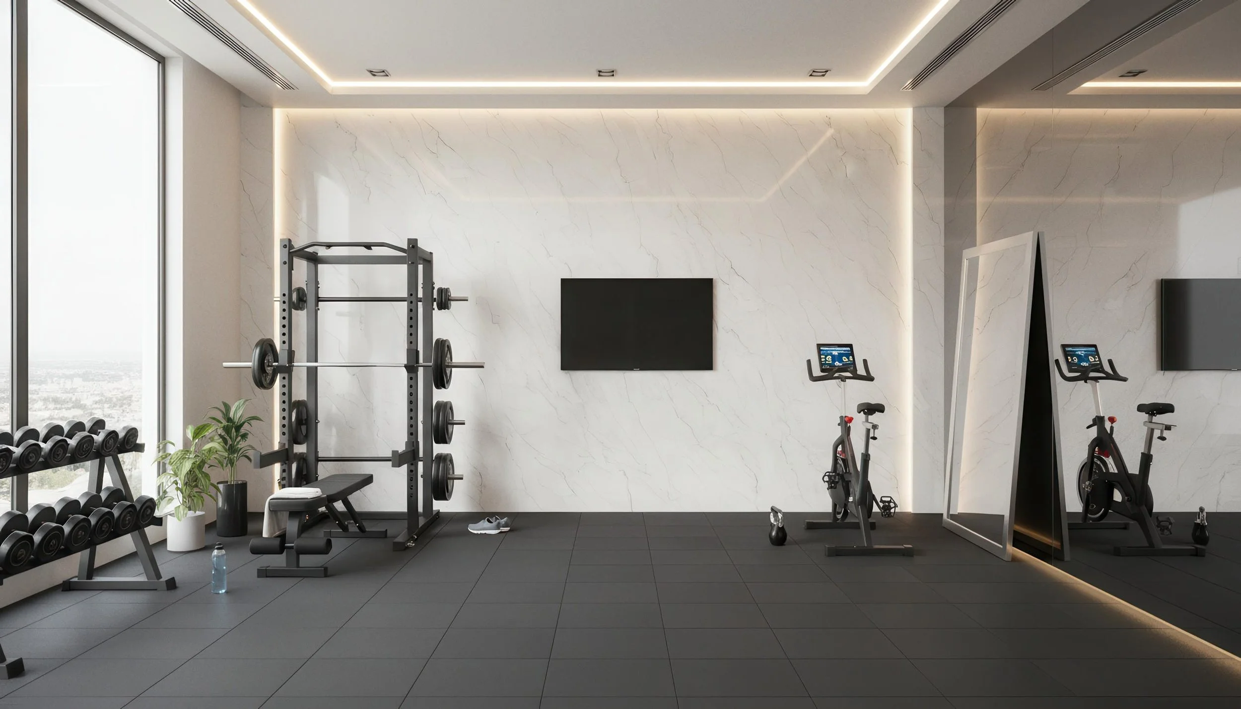 Modern Home Gym With Statuario Dune 4x10 Porcelain Slab Feature Wall | CIERO