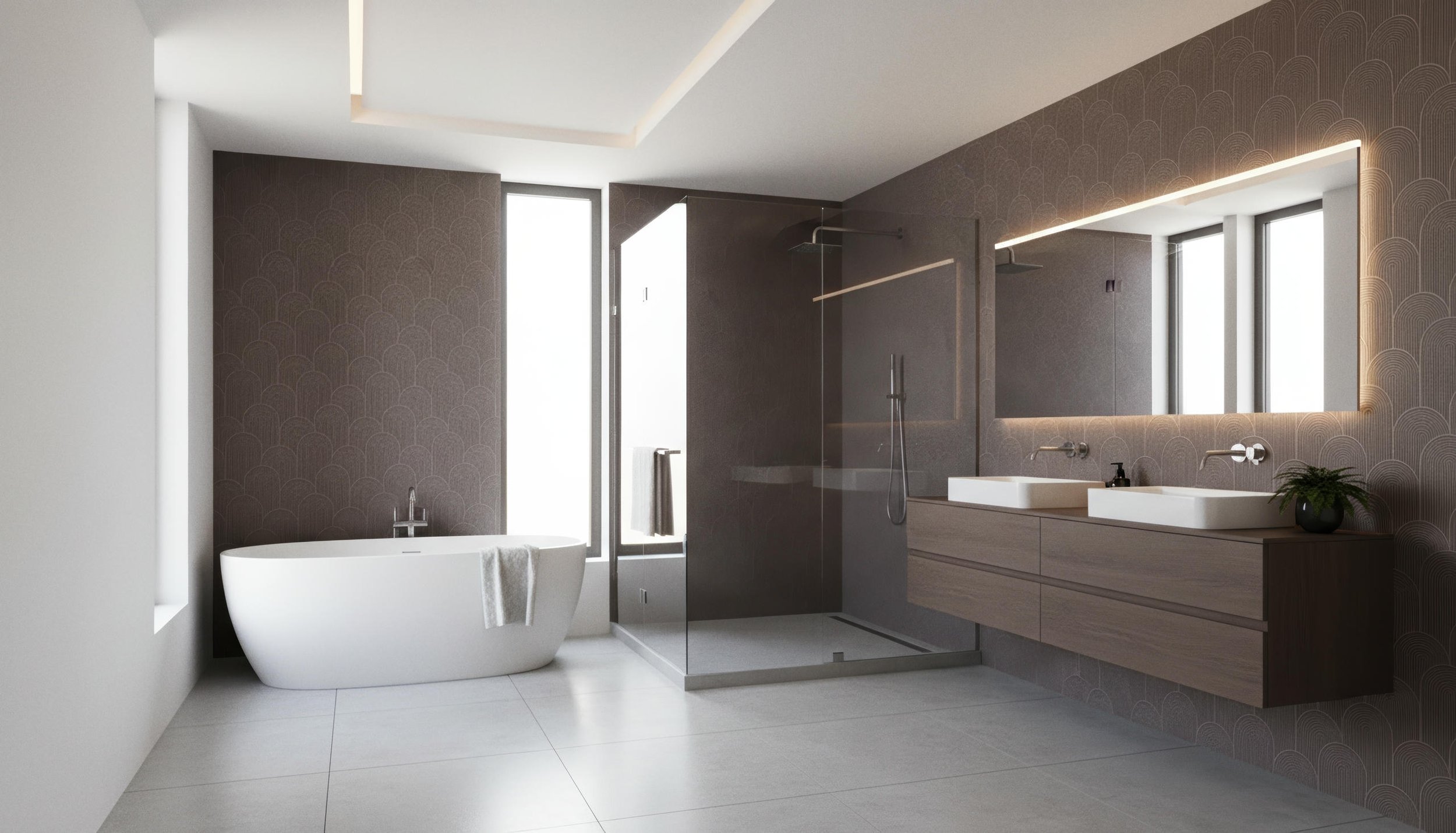 Modern Bathroom With Zen Crest Opal 80cm x 260cm Porcelain Slab Shower Wall | CIERO