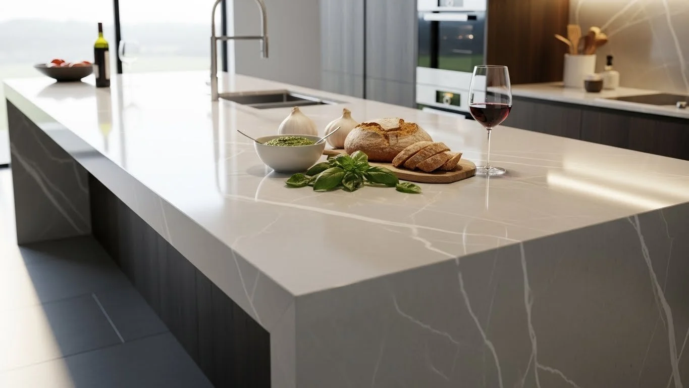 Modern Kitchen With Porcelain Slab Kitchen Island, Grey Calacatta design