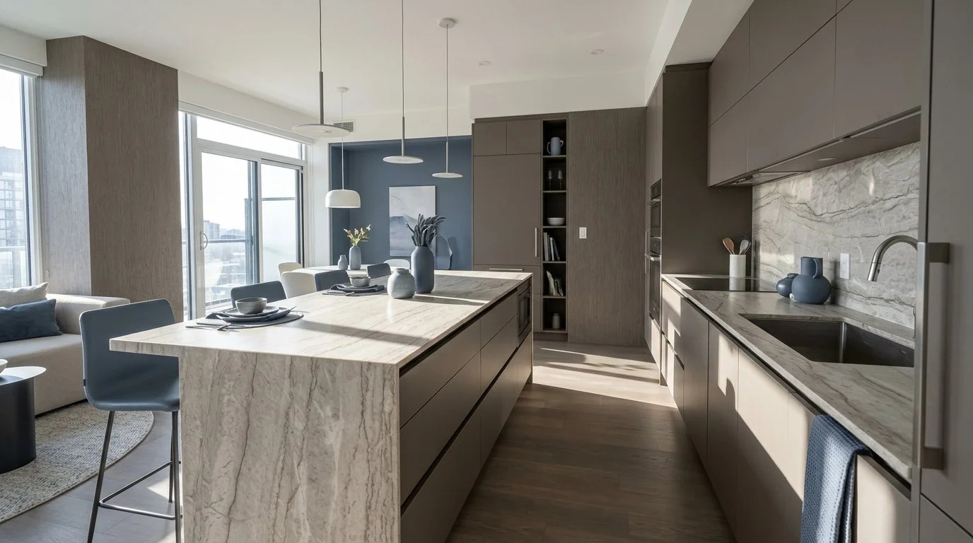 Modern Penthouse Kitchen With Earthy Brown Tones And Kitchen Island | CIERO