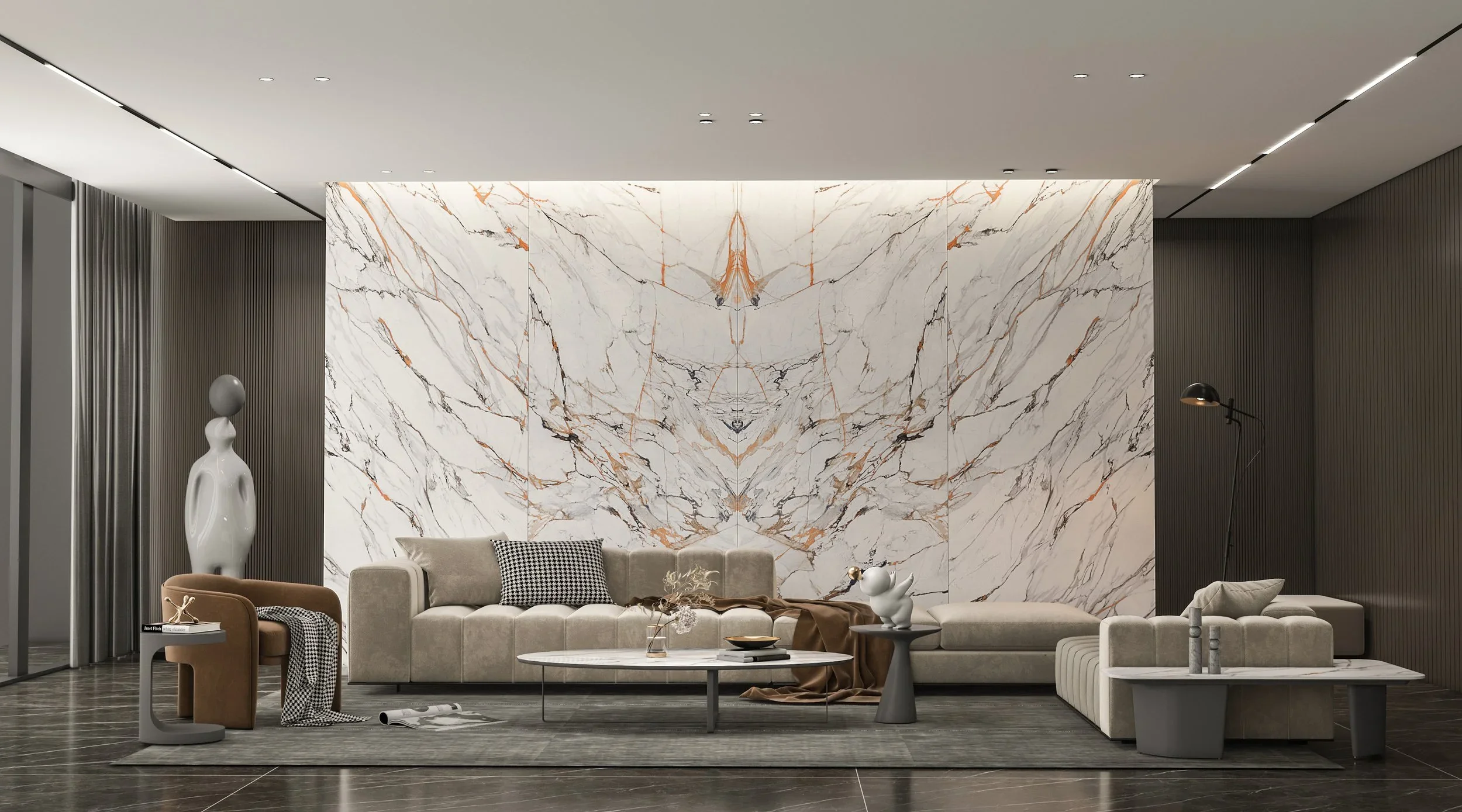 Modern Livingroom featuring the Apuan Sculpture White Porcelain Slab In Bookmtach Configuration